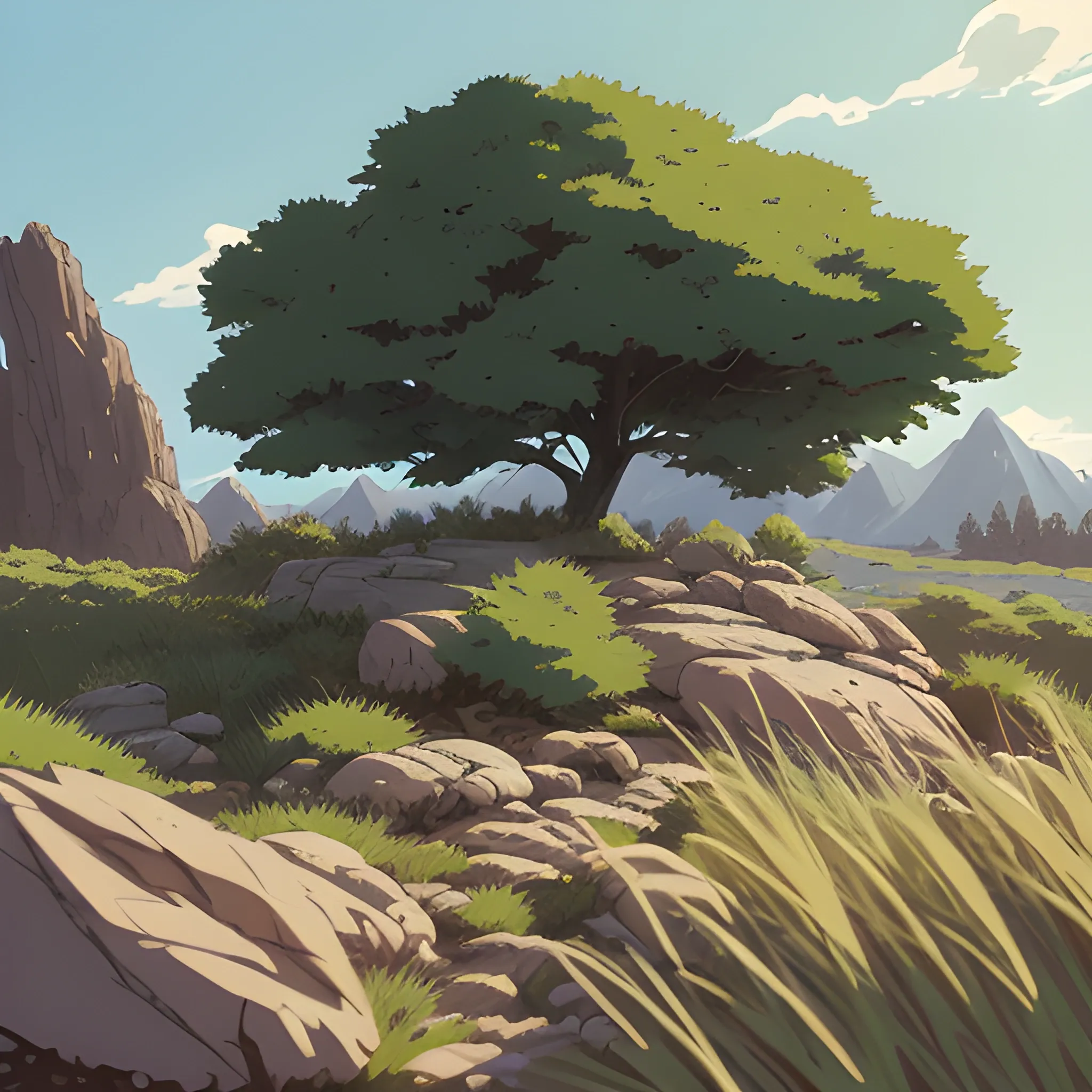 a bush with rocks and grasses... in the style of makoto shinkai and greg rutkowski and albert bierstadt and james gurney