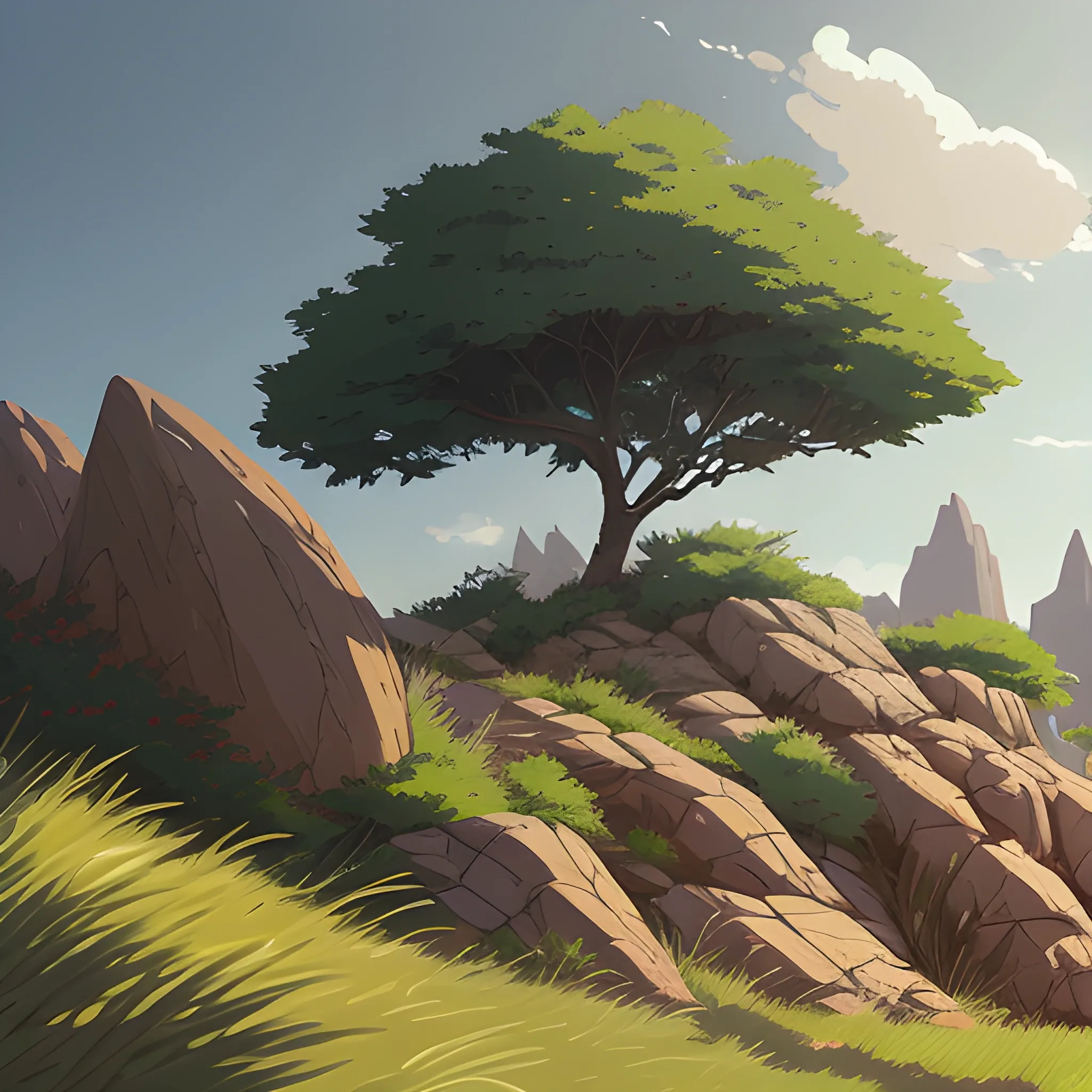 a bush with rocks and grasses... in the style of makoto shinkai and greg rutkowski and albert bierstadt and james gurney