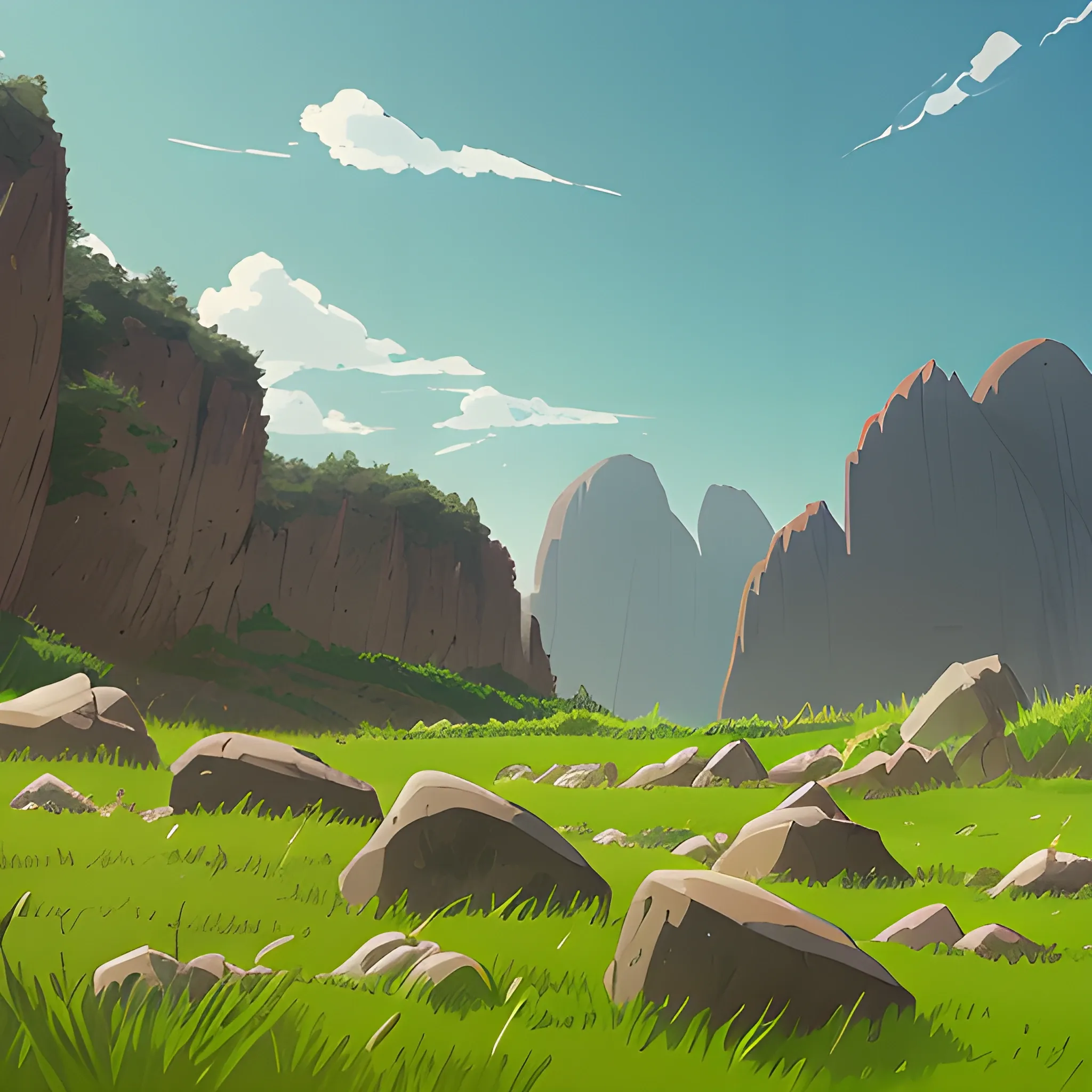 soccer field with rocks and grass... in the style of makoto shinkai and greg rutkowski and albert bierstadt and james gurney