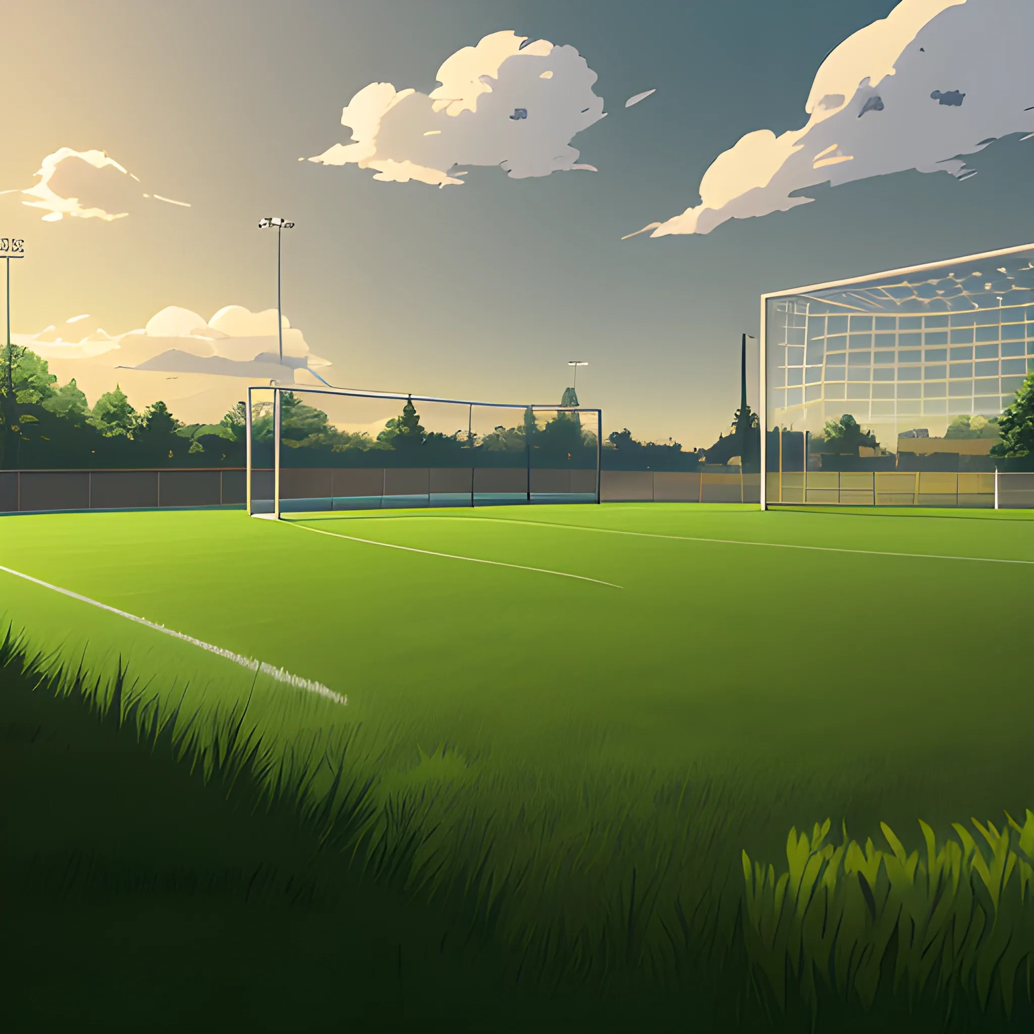 soccer field with grass... in the style of makoto shinkai and greg rutkowski and albert bierstadt and james gurney