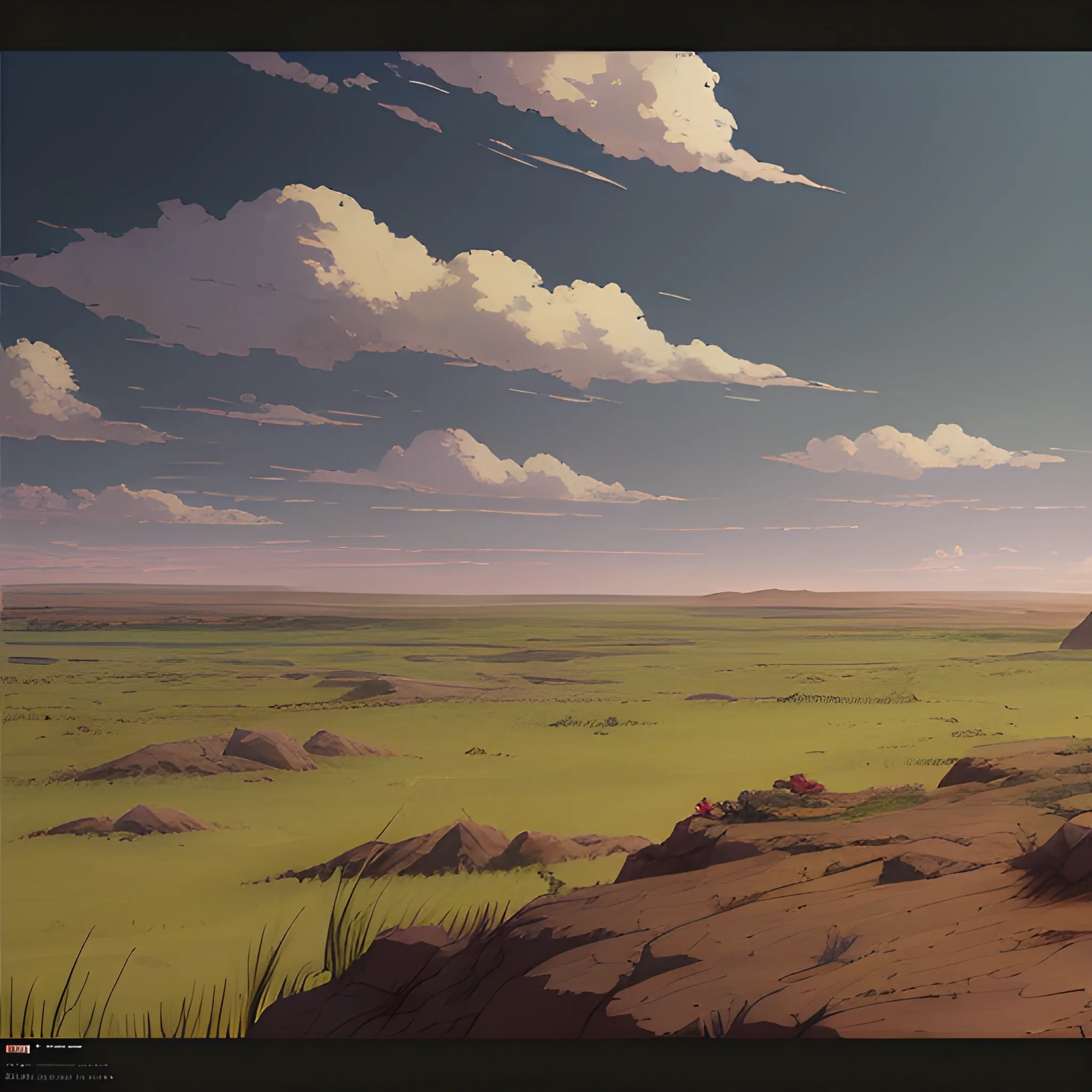 vast area of barren land with some grass... in the style of makoto shinkai and greg rutkowski and albert bierstadt and james gurney