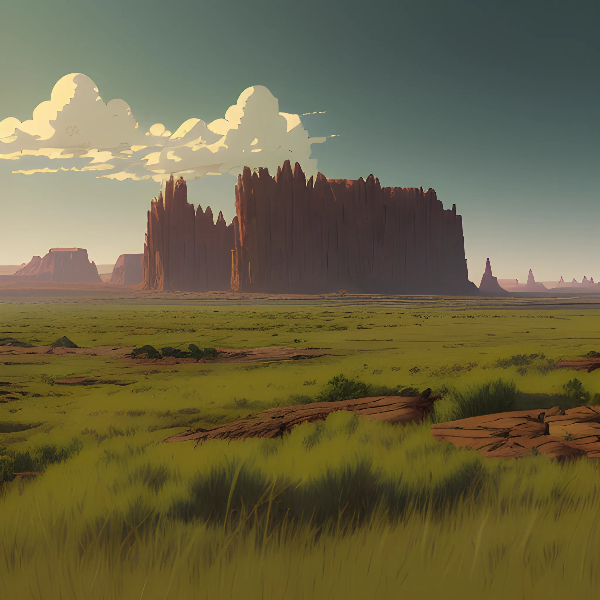 vast area of barren land with some grass... in the style of makoto shinkai and greg rutkowski and albert bierstadt and james gurney