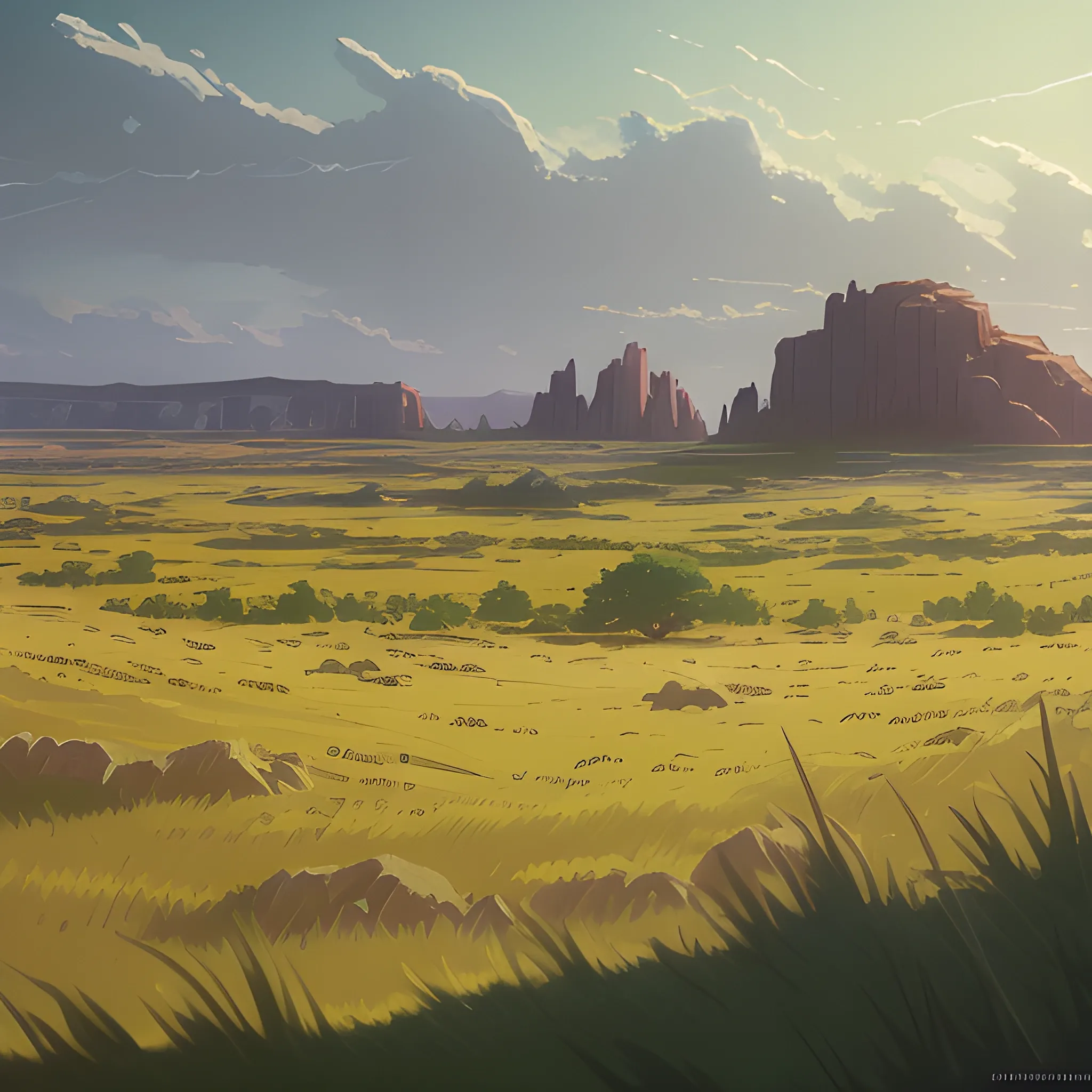 close-up of large space of barren land with some grass... in the style of makoto shinkai and greg rutkowski and albert bierstadt and james gurney