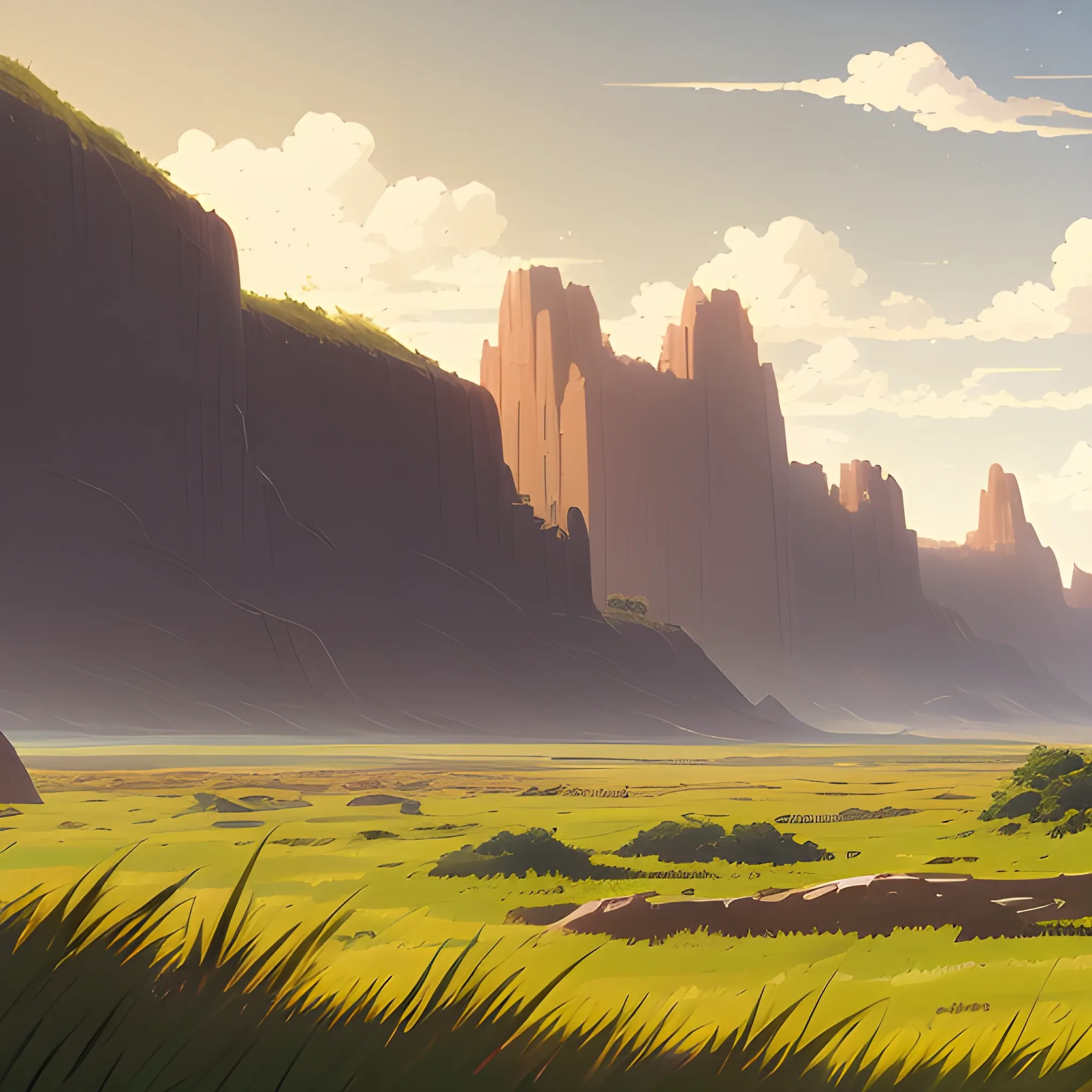 close-up of large space of barren land with some grass... in the style of makoto shinkai and greg rutkowski and albert bierstadt and james gurney