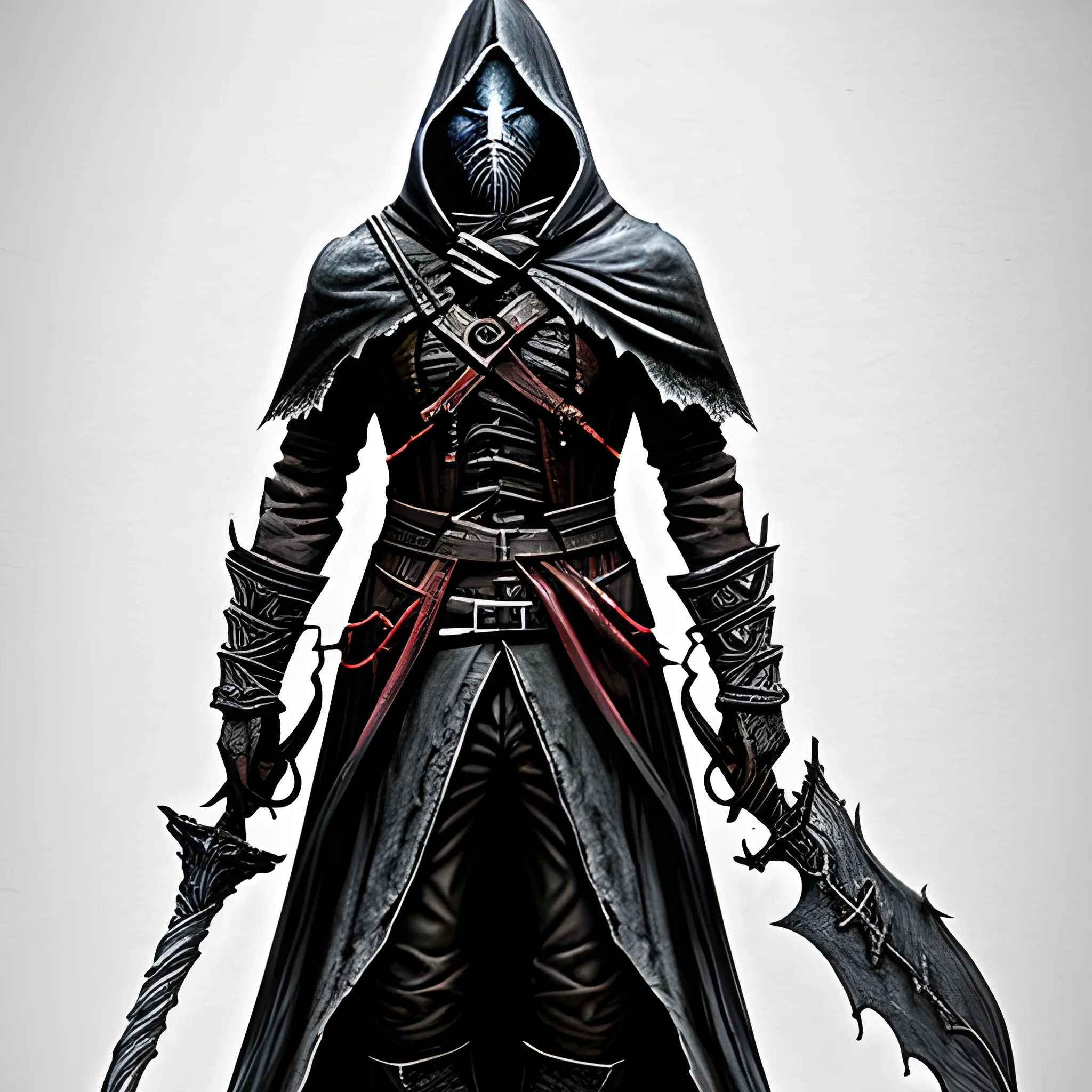 bloodborne style necromancer with hood, with a sword on his back, Pencil Sketch, full body

