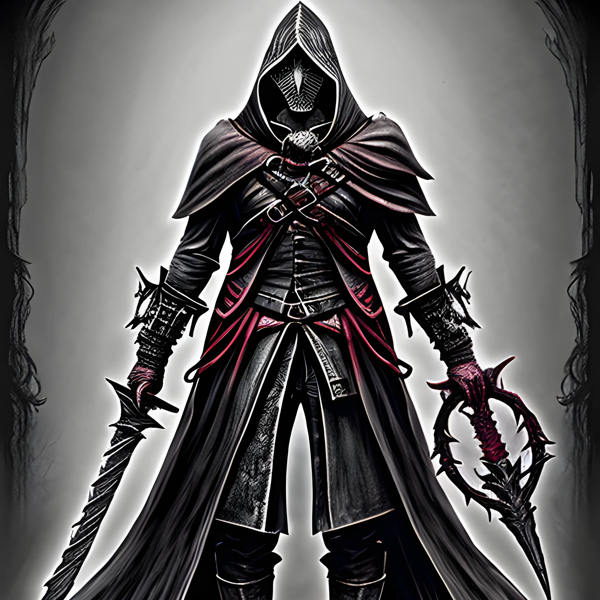 bloodborne style necromancer with hood, with a sword on his back, Pencil Sketch, full body, human face


