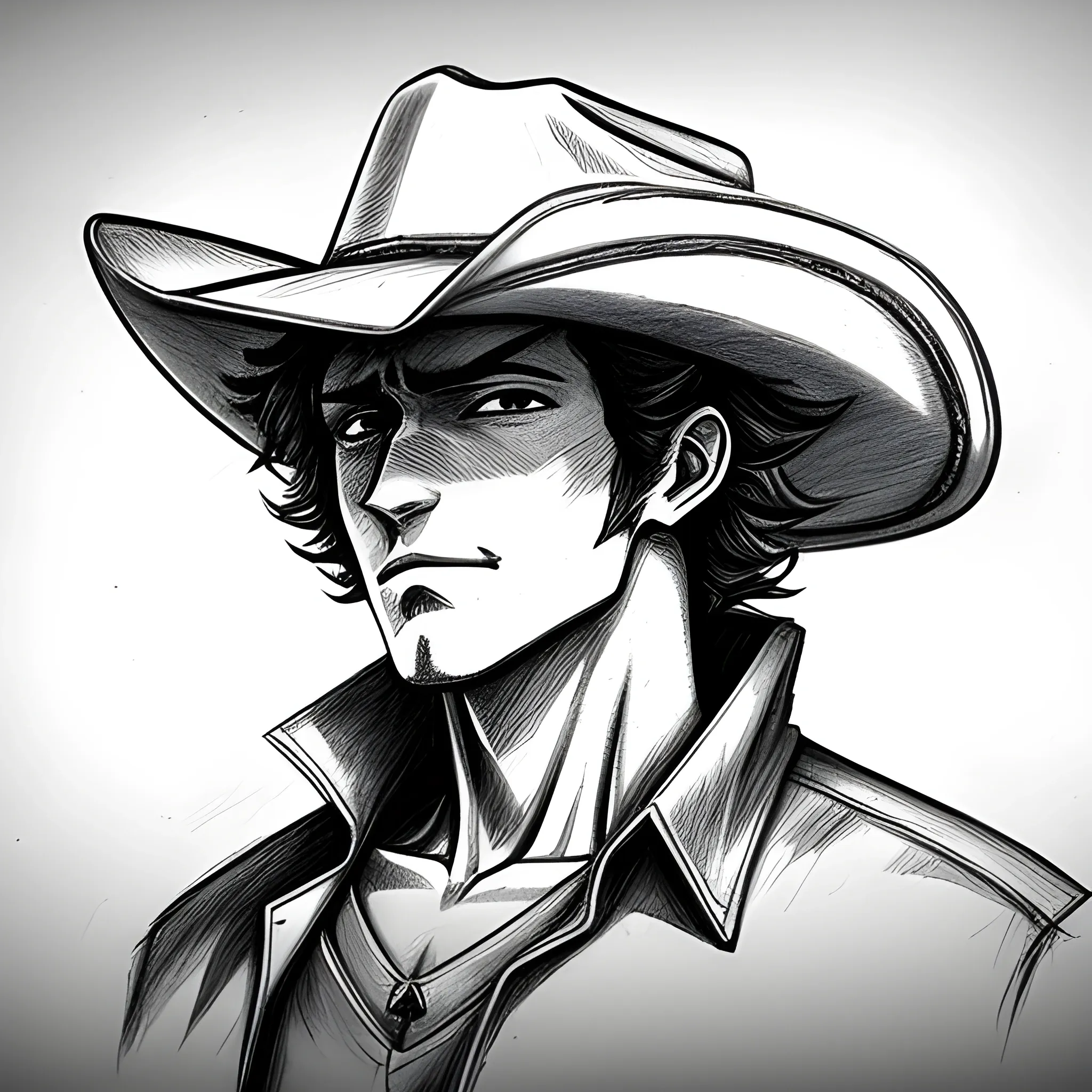 cowboy bebop style cowboy with cowboy hat , Pencil Sketch