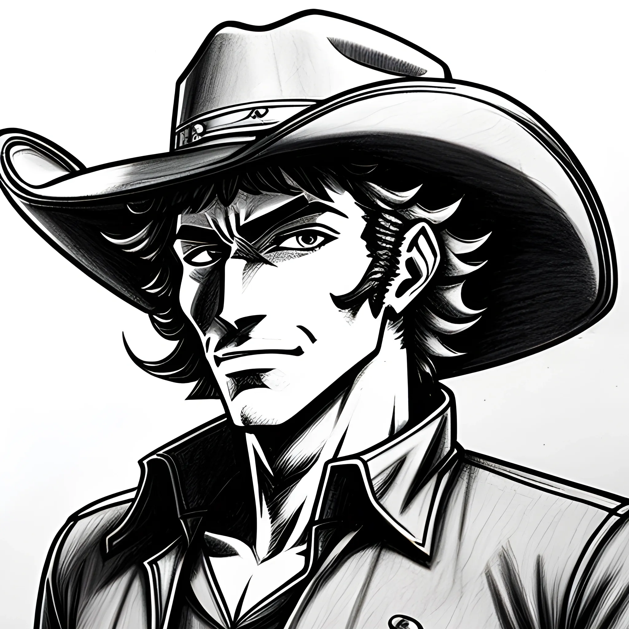 teen cowboy bebop style cowboy with cowboy hat , Pencil Sketch