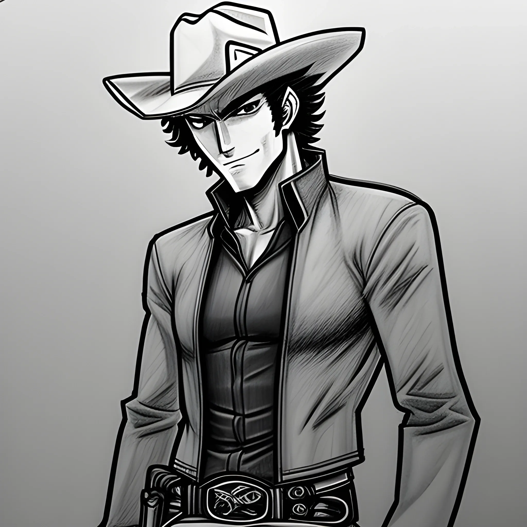 child teen boy cowboy bebop style cowboy with cowboy hat , Pencil Sketch