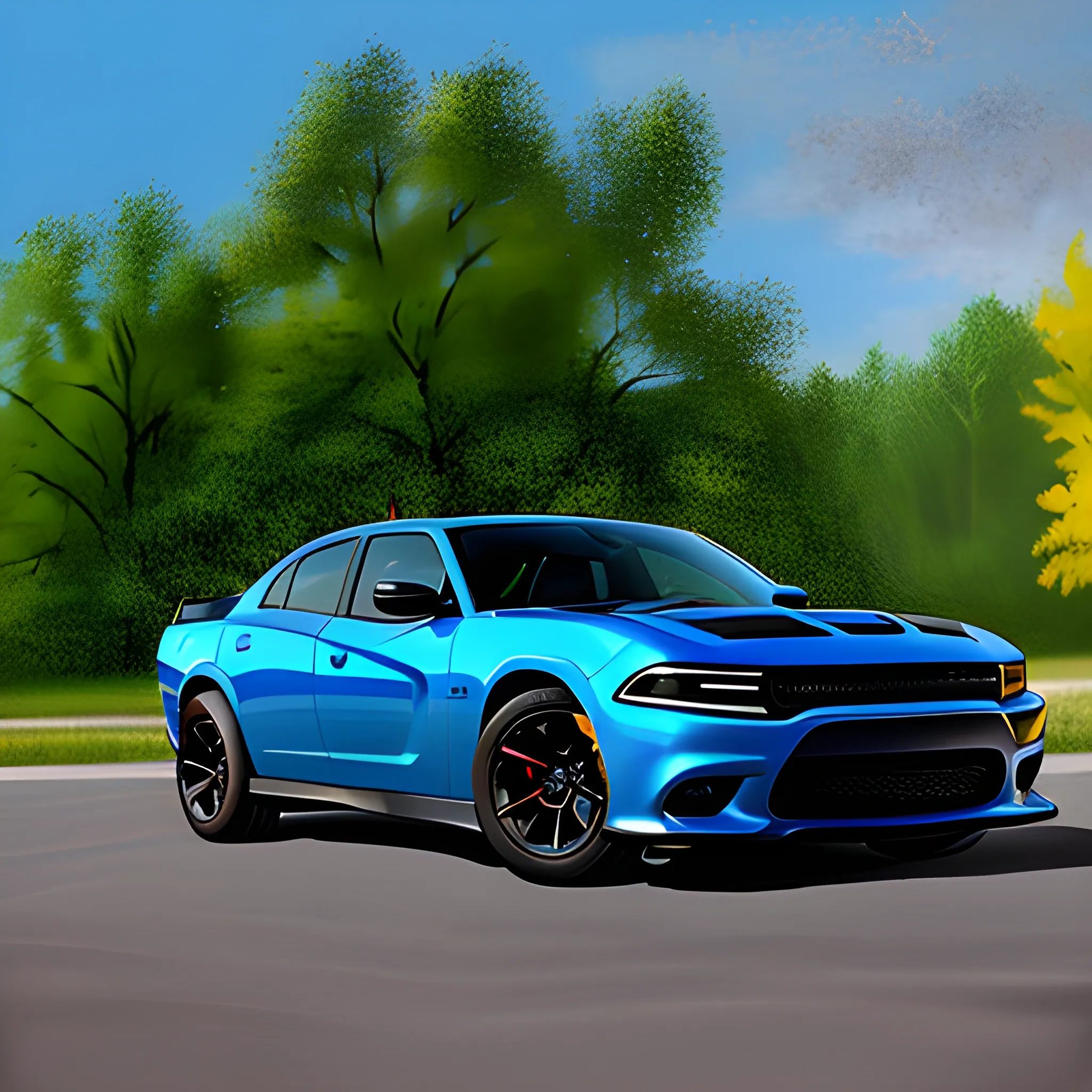 , Oil Painting of a 2020 Dodge charger hellcat, baby blue with yellow stripes