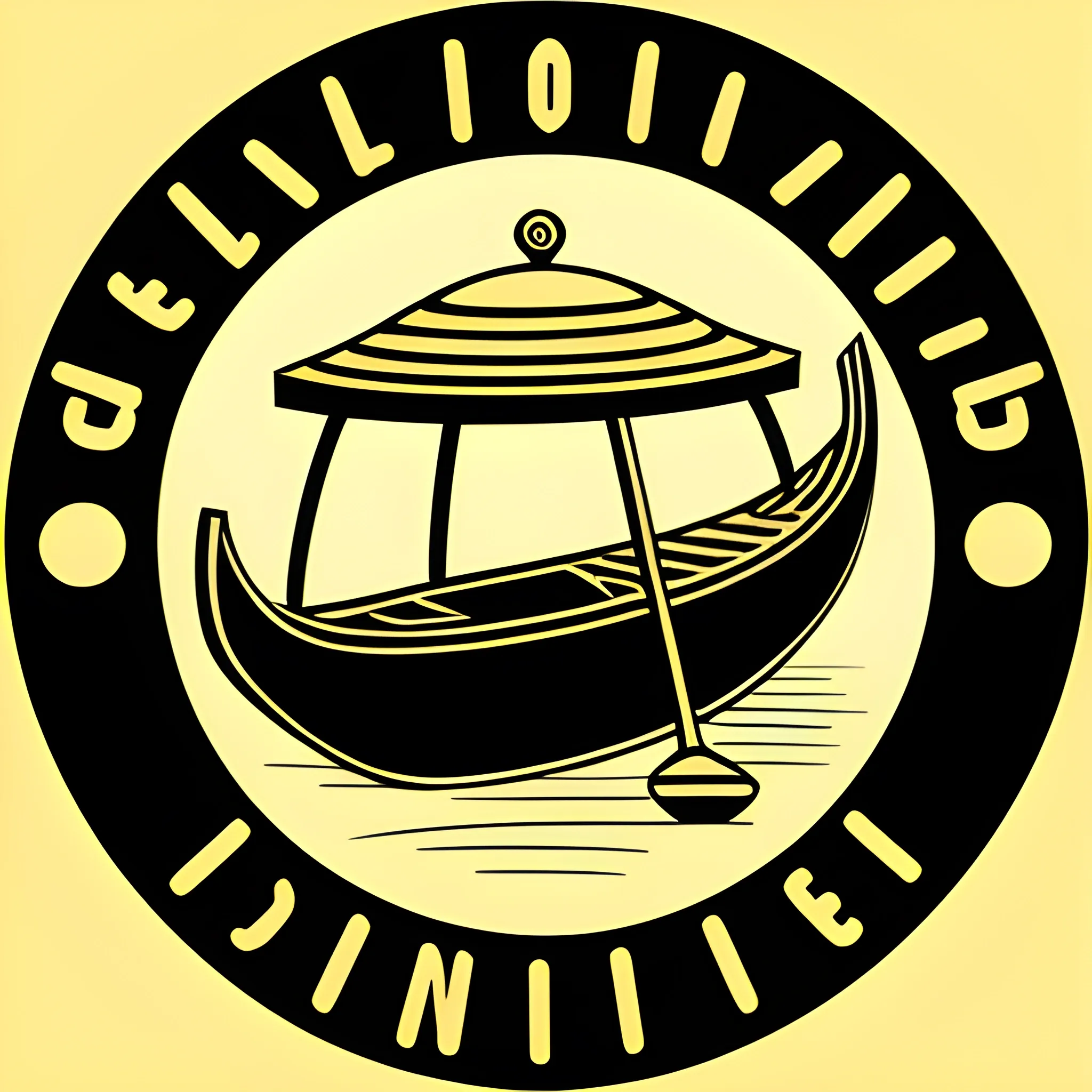 Line art logo of a gondola with a trullo, golden, minimal, solid black background