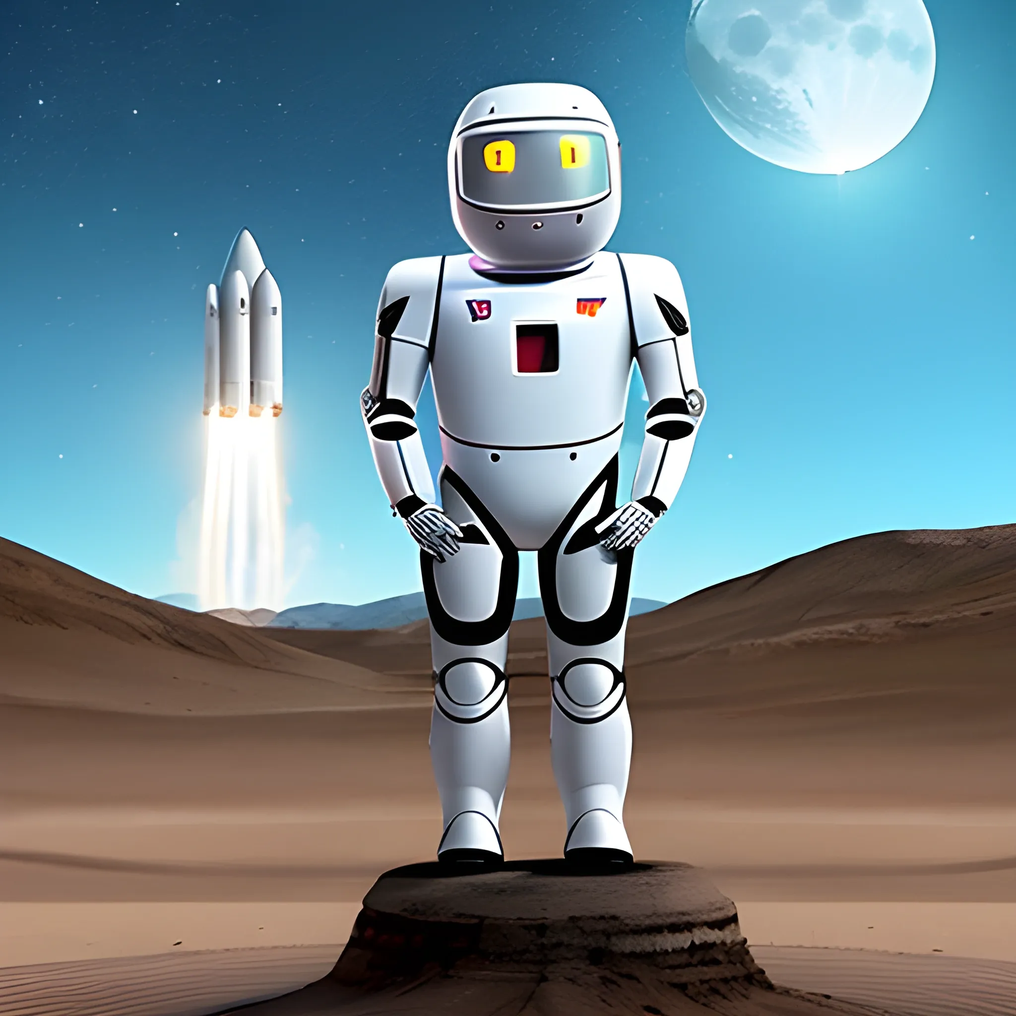 Elon Musk wearing a robot costume is standing at the rocket launch site, the moon looks very shining. Cartoons