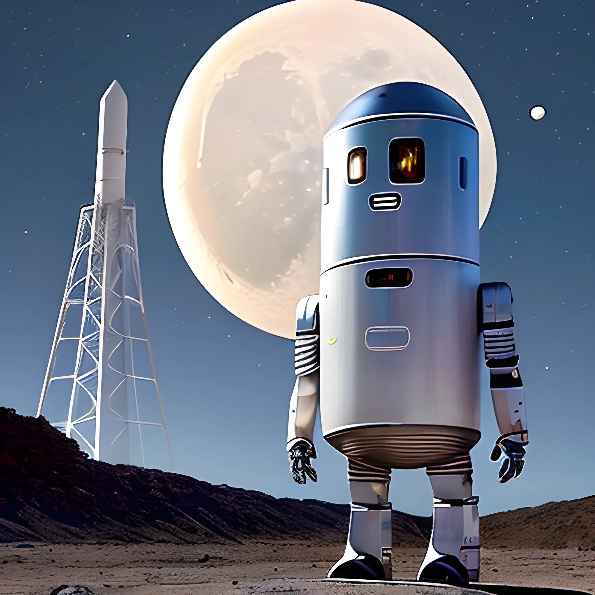 Elon Musk wearing a robot costume is standing at the rocket launch site, the moon looks very shining. Cartoons