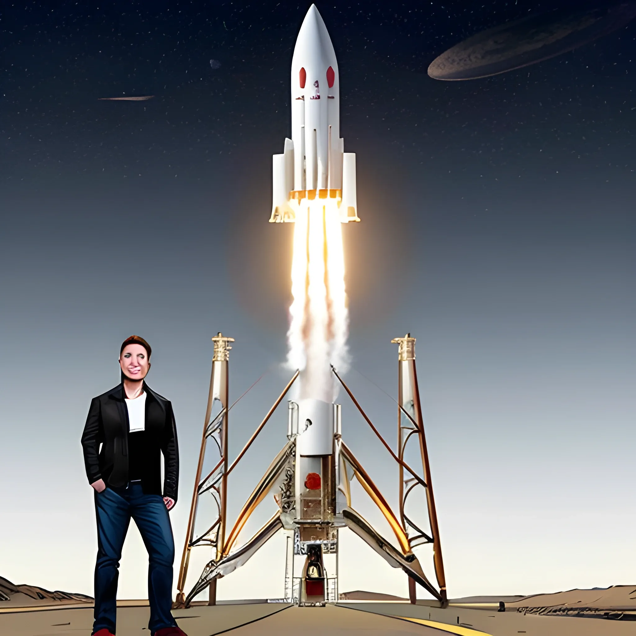 Elon Musk is standing at the rocket launch site, the moon looks very shining. Cartoons