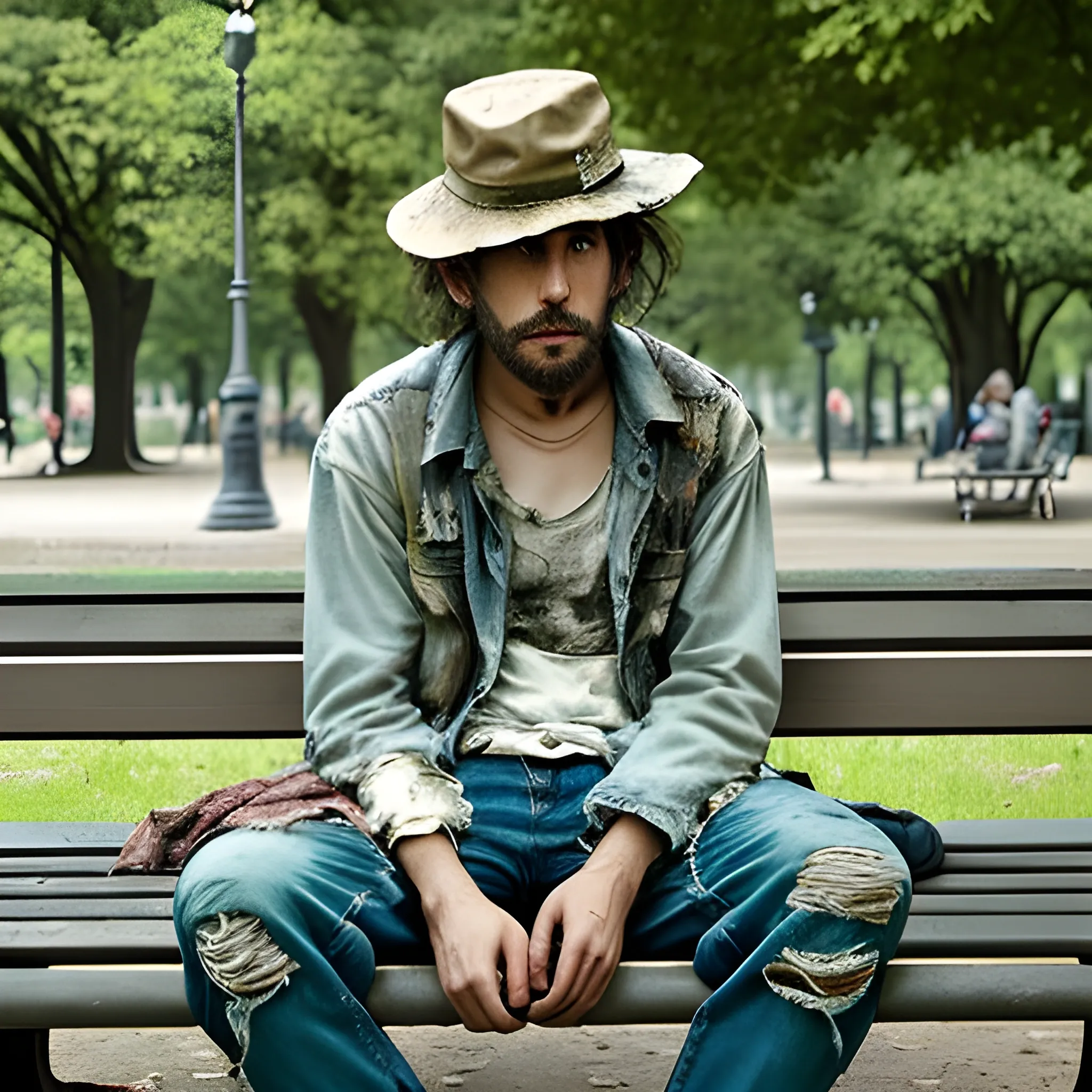 A disheveled person, wearing tattered clothes and a broken hat, sitting on a bench in a park., Trippy