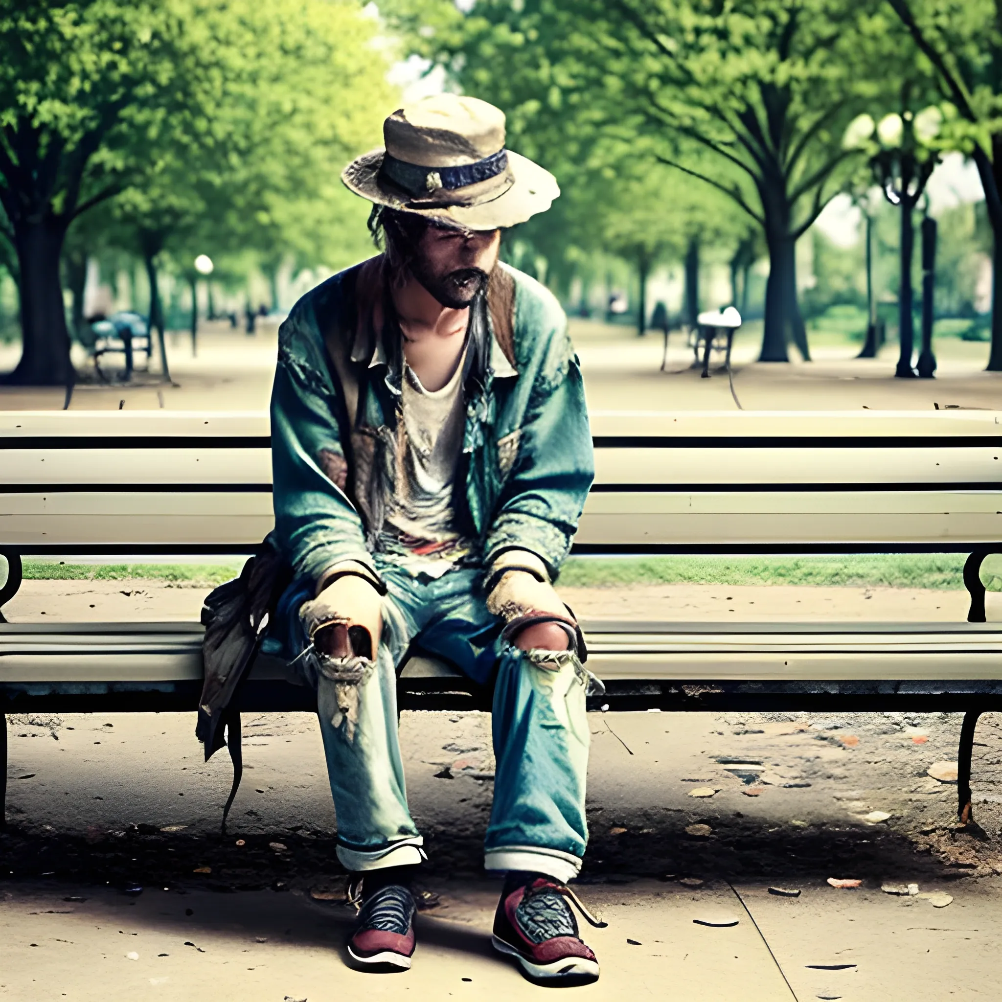 A disheveled person, wearing tattered clothes and a broken hat, sitting on a bench in a park., Trippy