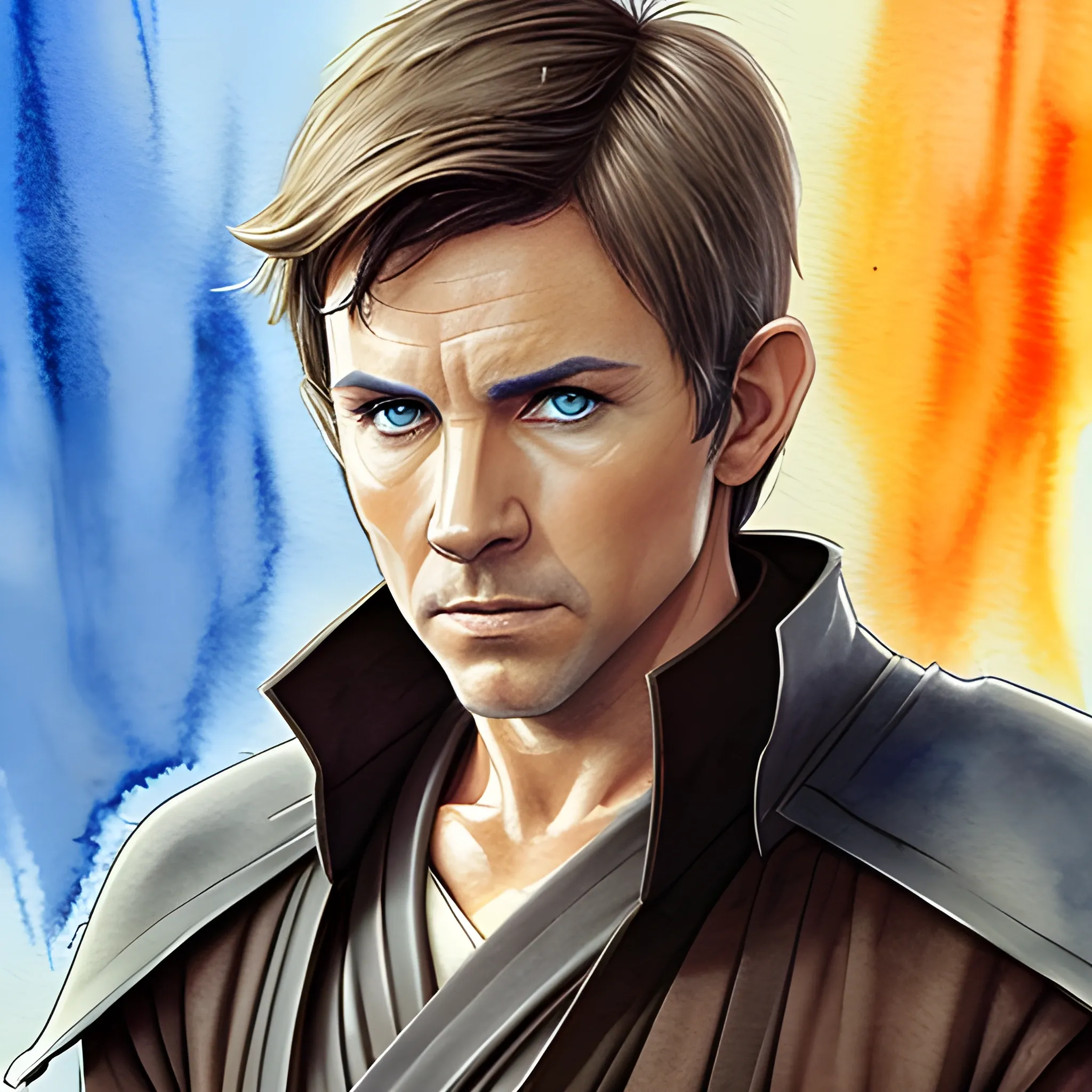 star wars, male , jedi, short hair, dark hair, blue eyes, middle aged, athletic, relaxed, Water Color