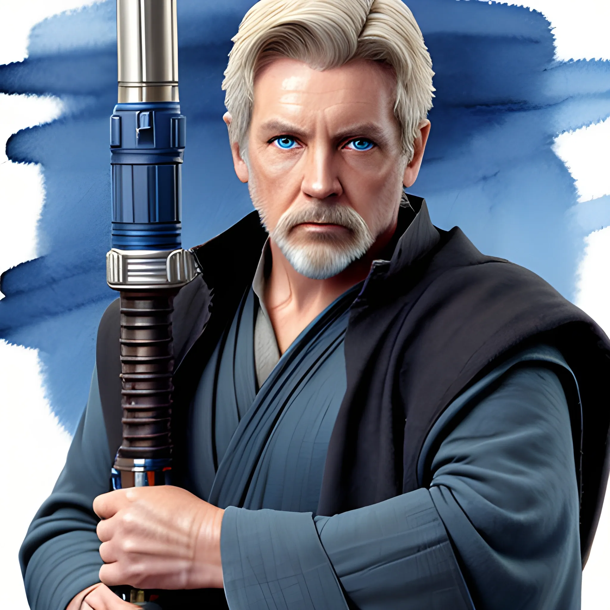 Star Wars, male , Jedi, short hair, light hair, dark blue eyes, aged, mid-heavy weight build, wise, Water Color, blue lightsaber
