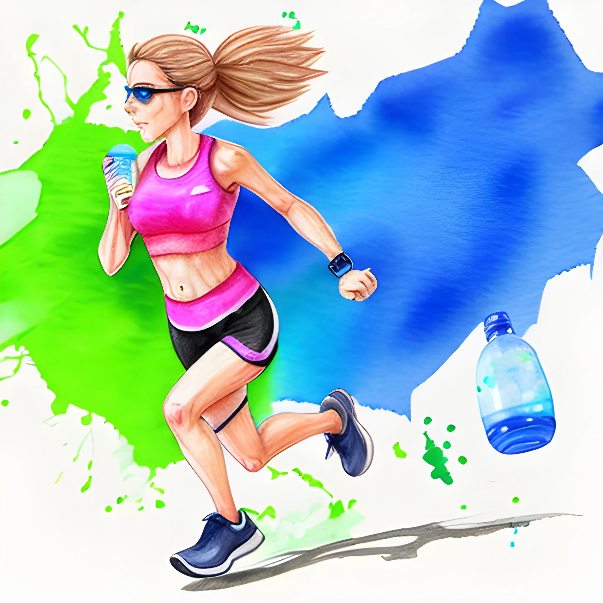 a women running in gym clothes, holding water bottle , 3D, Trippy, Water Color, Cartoon, Pencil Sketch