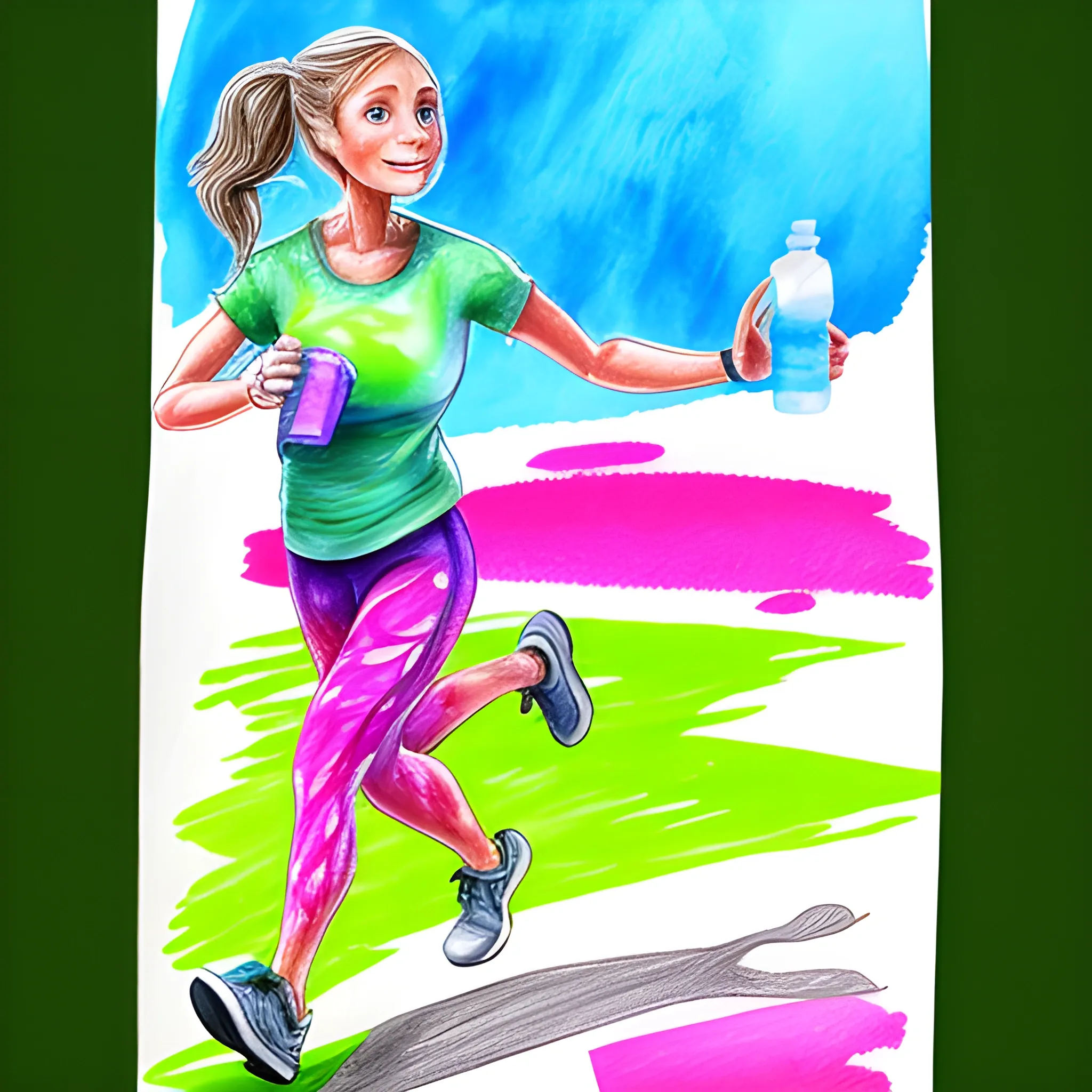 a women running in gym clothes, holding water bottle , 3D, Trippy, Water Color, Cartoon, Pencil Sketch, Pencil Sketch