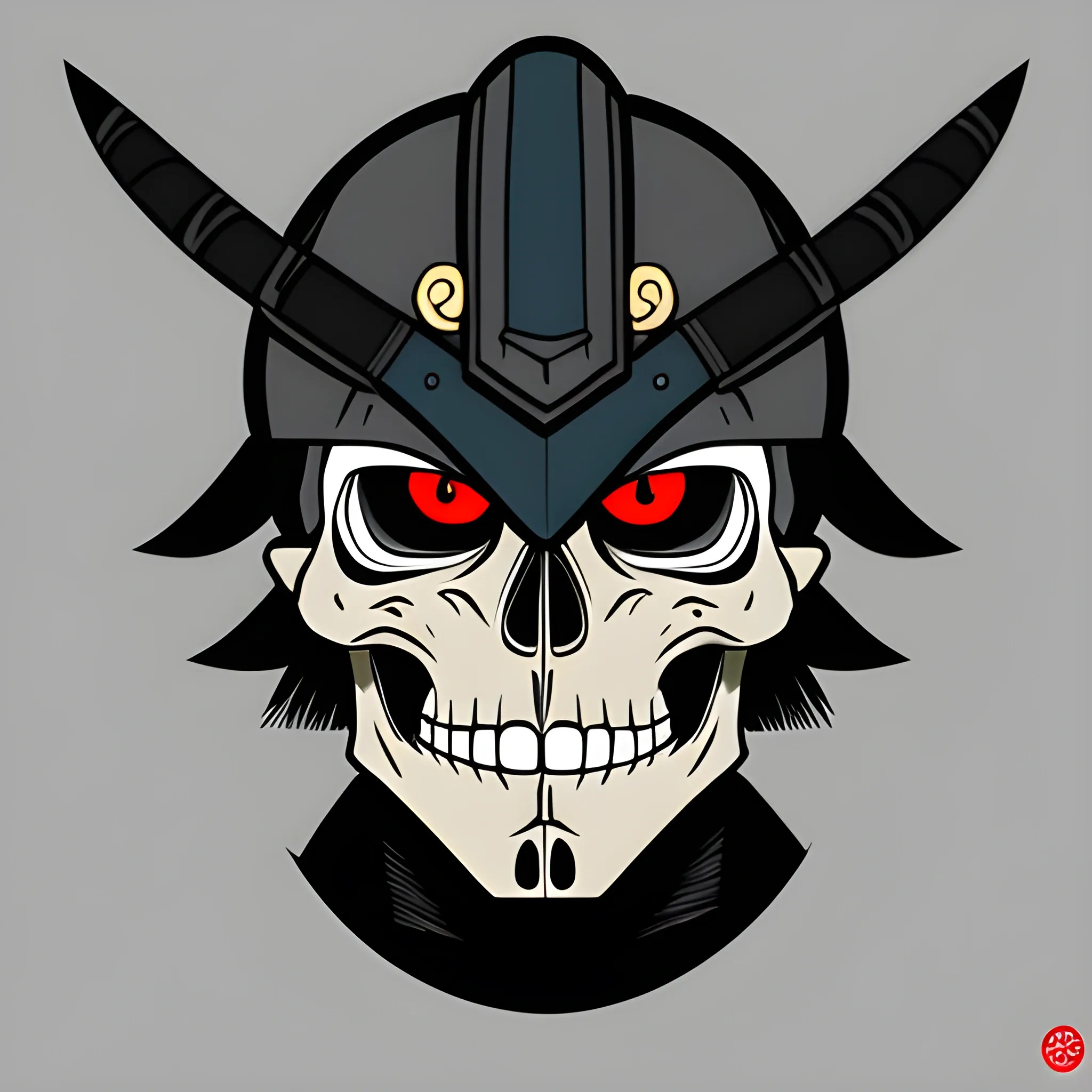 Create an avatar of a warrior skull wearing a japan style with a dark grey cinematec background, Cartoon