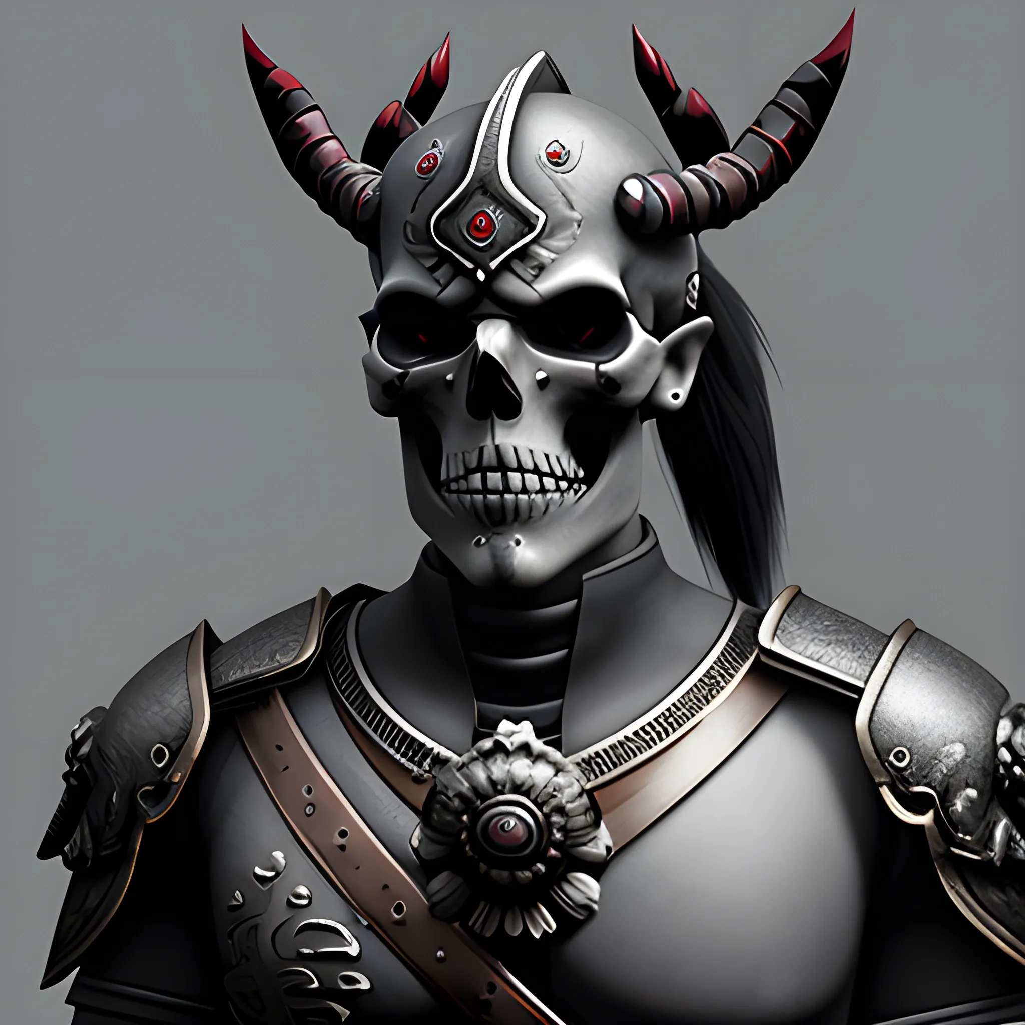 Create an avatar of a warrior skull wearing a japan style with a dark grey cinematec background, , 3D