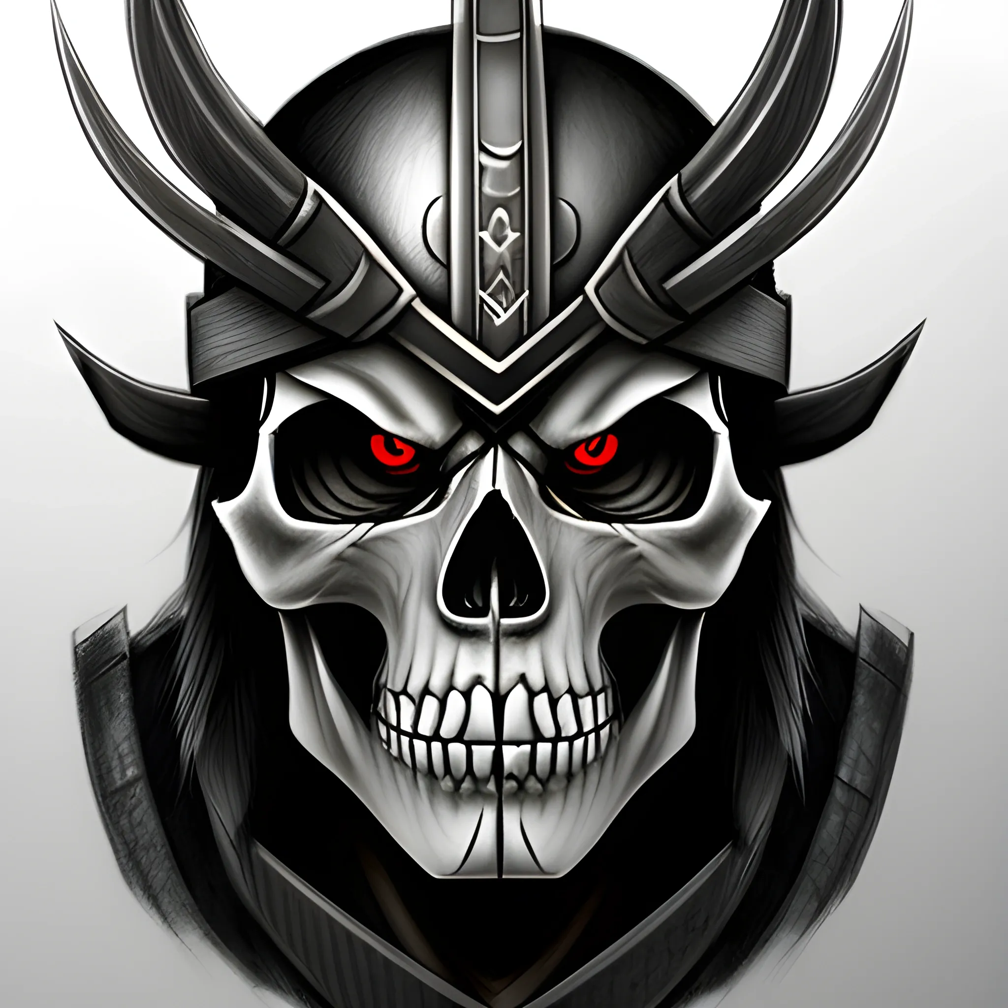 Create an avatar of a warrior skull wearing a japan style with a dark grey cinematec background, , Pencil Sketch