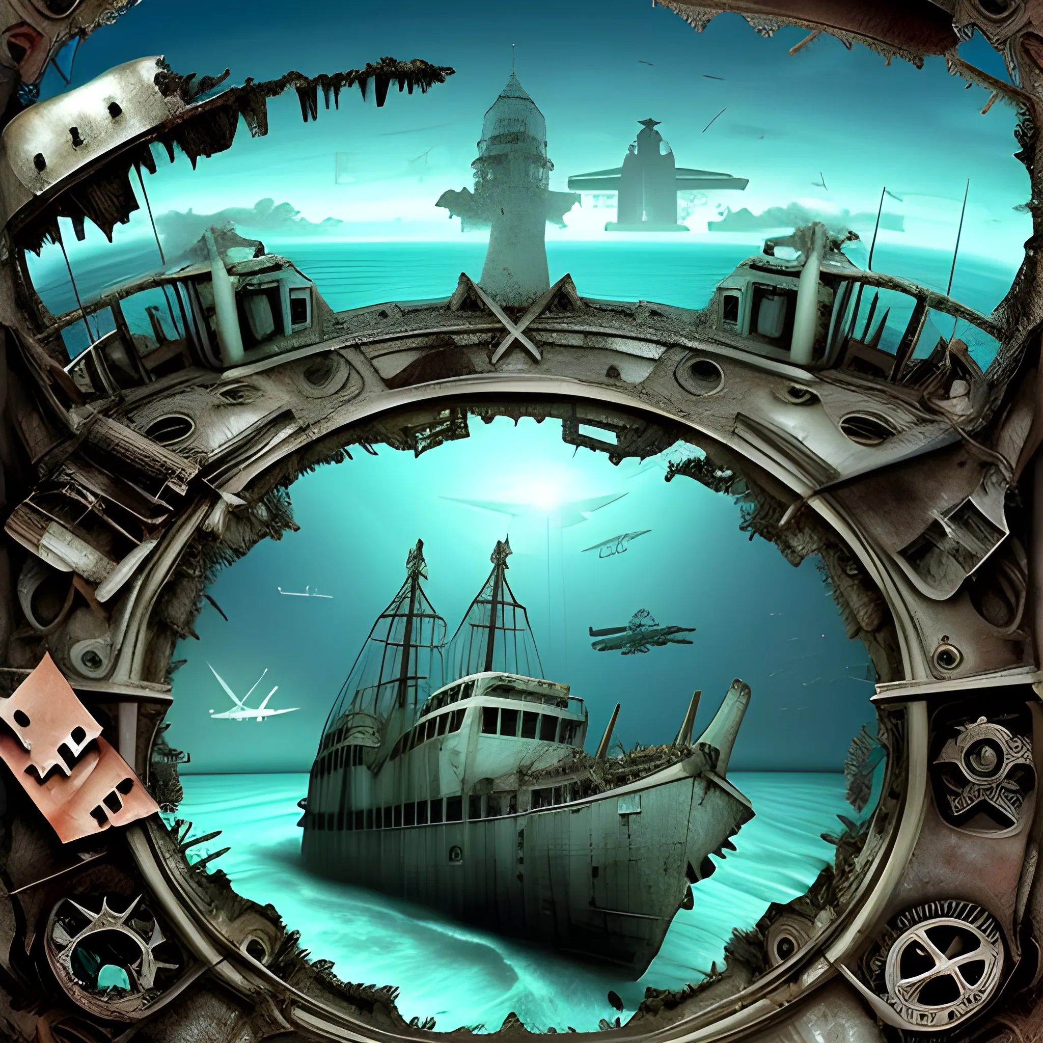 Depths of the Bermuda Triangle with sunken ships, surrounded by aircraft wreckage, also lost., Trippy