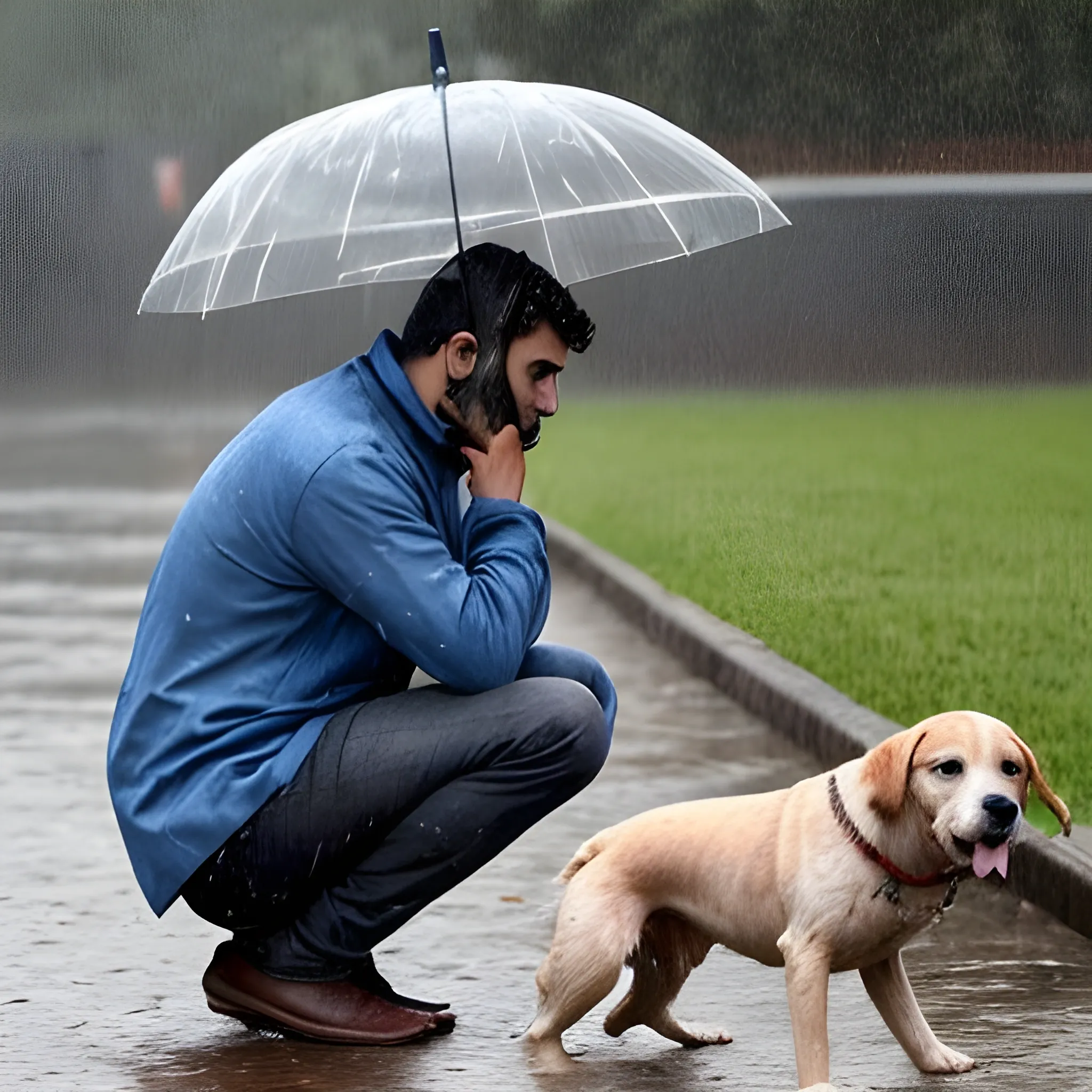 hombre de 22 trizte en la lluvia junta a su perro