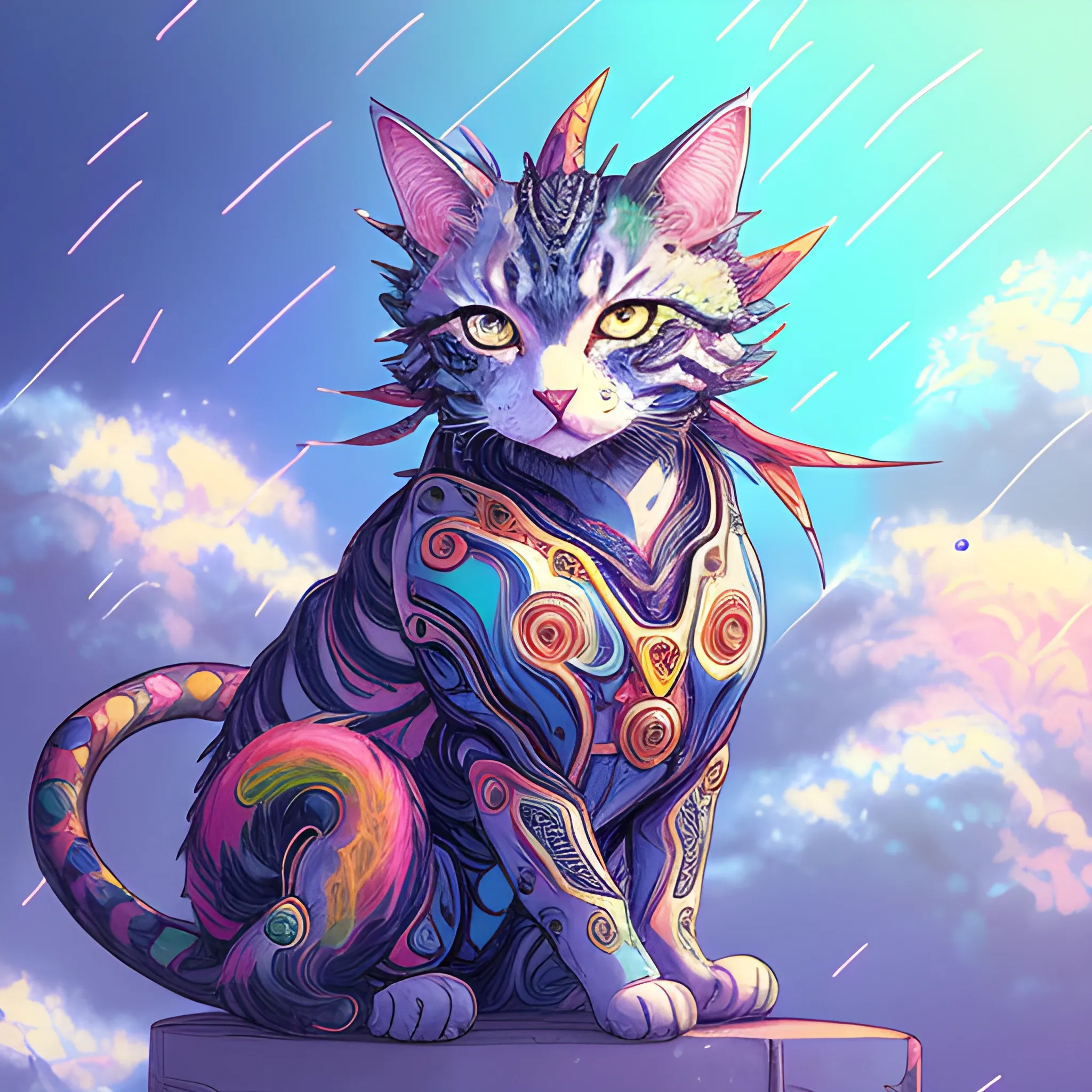 AI-powered cat hybrid celebrating New Year in the clouds, ancient AI technology, anime-style illustration, inspired by Yoji Shinkawa, vibrant and colorful, majestic dragon-cat hybrid, mystical clouds, AI-powered celebration, ancient aesthetics, high quality, vibrant colors, anime, ancient, Yoji Shinkawa, mystical clouds, dragon-cat hybrid, New Year celebration, AI technology, vibrant, majestic, ancient aesthetics, anime-style illustration, high quality, Pencil Sketch