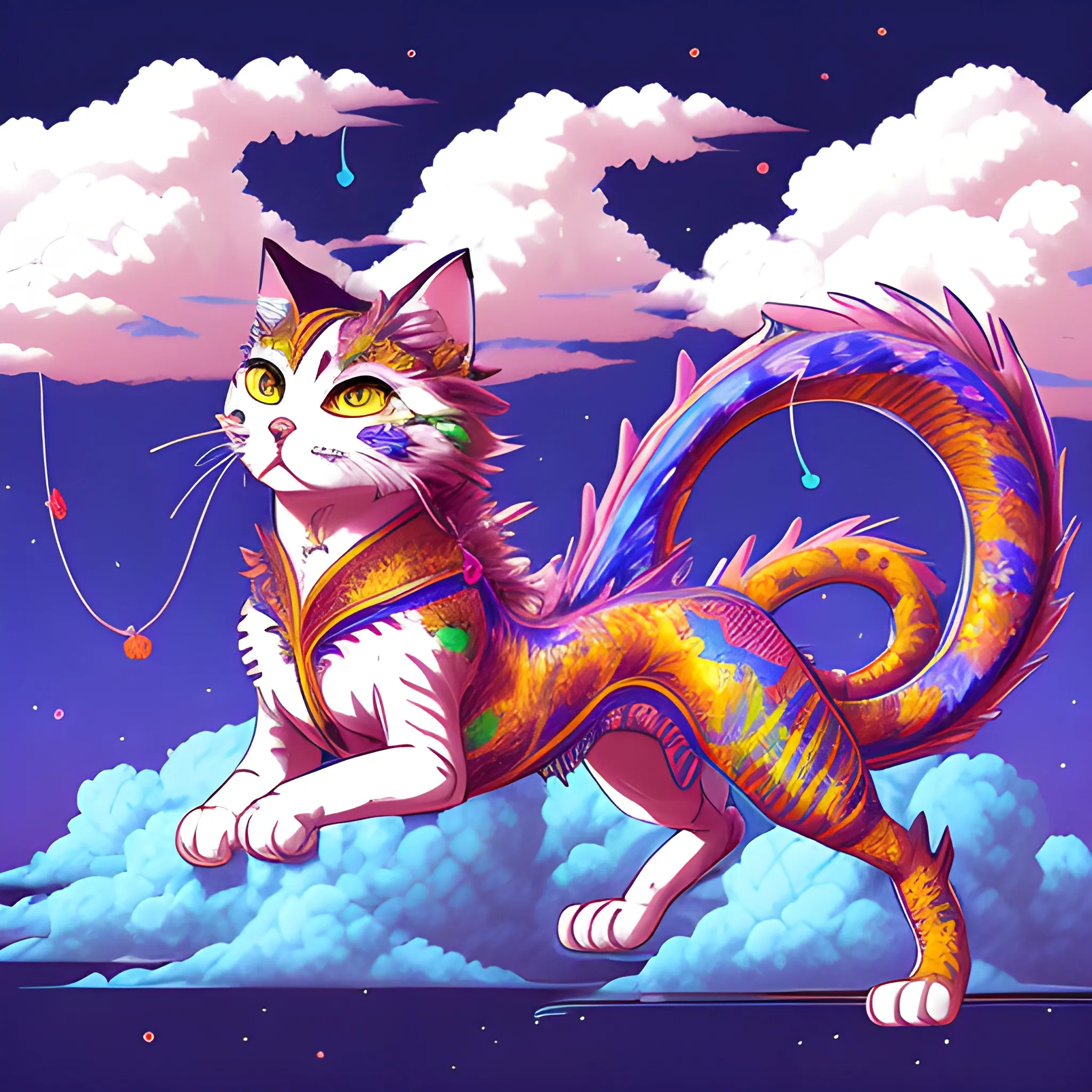AI-powered cat hybrid celebrating New Year in the clouds, ancient AI technology, anime-style illustration, inspired by Yoji Shinkawa, vibrant and colorful, majestic dragon-cat hybrid, mystical clouds, AI-powered celebration, ancient aesthetics, high quality, vibrant colors, anime, ancient, Yoji Shinkawa, mystical clouds, dragon-cat hybrid, New Year celebration, AI technology, vibrant, majestic, ancient aesthetics, anime-style illustration, high quality, , Cartoon