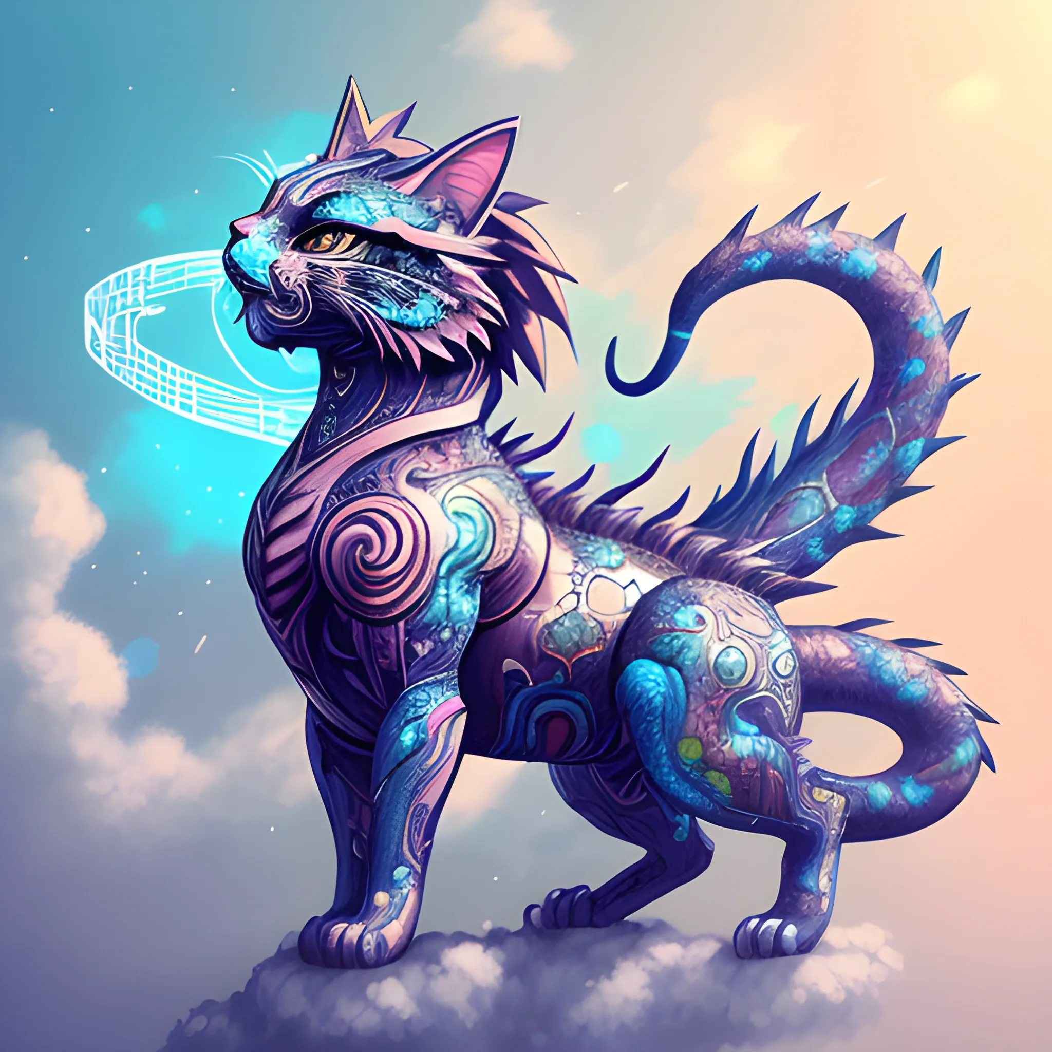 AI-powered cat hybrid celebrating New Year in the clouds, ancient AI technology, anime-style illustration, inspired by Yoji Shinkawa, vibrant and colorful, majestic dragon-cat hybrid, mystical clouds, AI-powered celebration, ancient aesthetics, high quality, vibrant colors, anime, ancient, Yoji Shinkawa, mystical clouds, dragon-cat hybrid, New Year celebration, AI technology, vibrant, majestic, ancient aesthetics, anime-style illustration, high quality, Pencil Sketch, Oil Painting, 3D