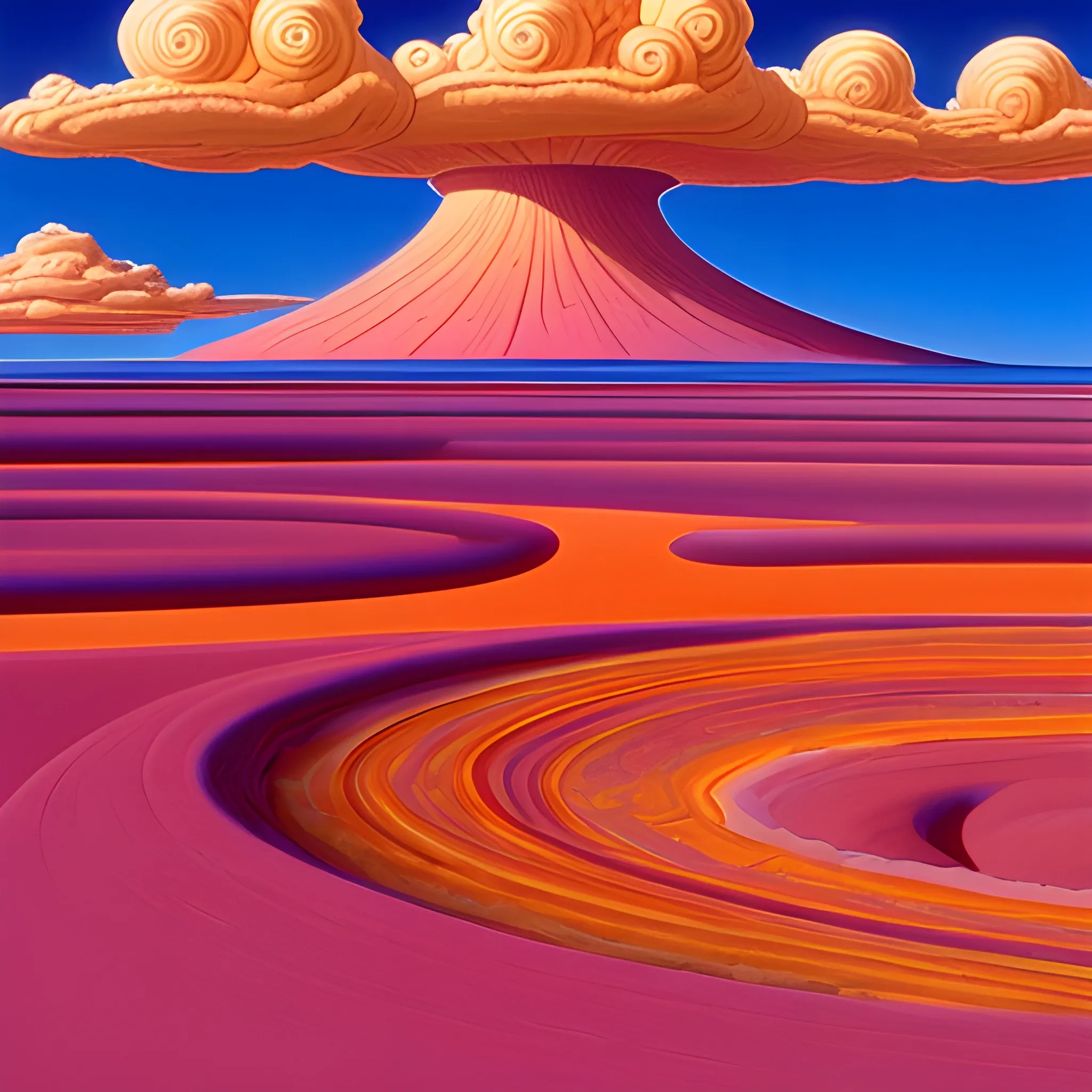 spiral clouds forming over the dessert in jean giraud's art style