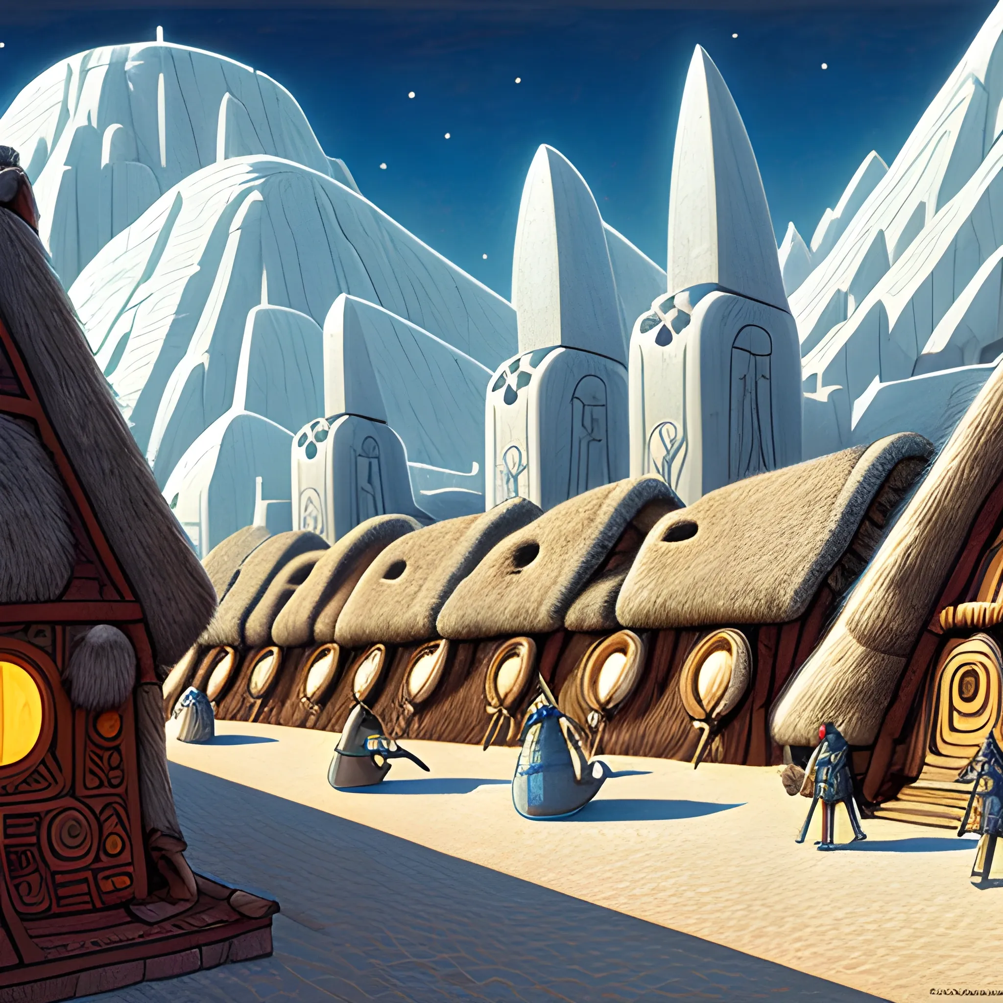 Intuit village with viking aspects in Inuit clothing and architecture, in jean giraud's art style