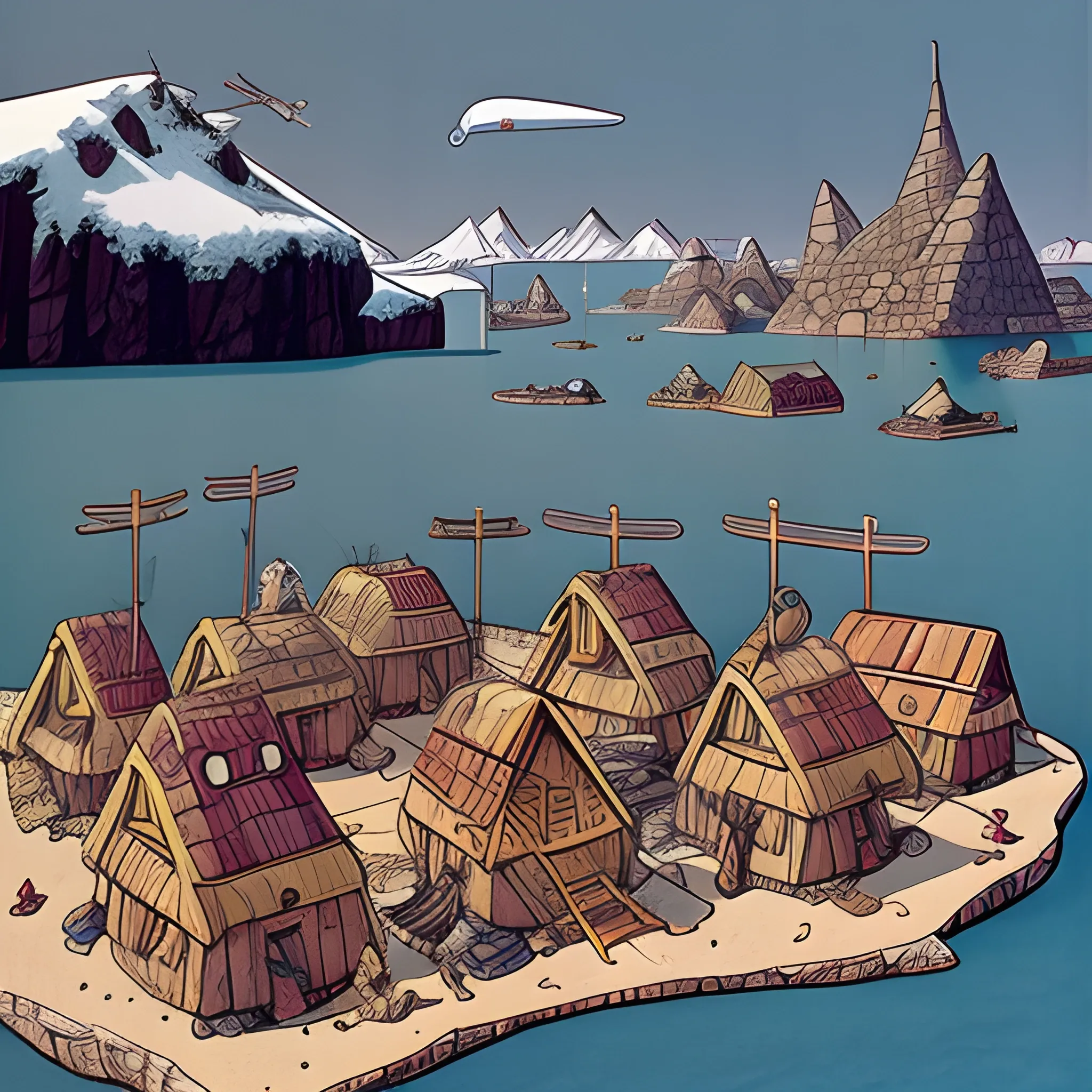 1960's inuit villages with viking aspects in clothing and architecture, in jean giraud's art style