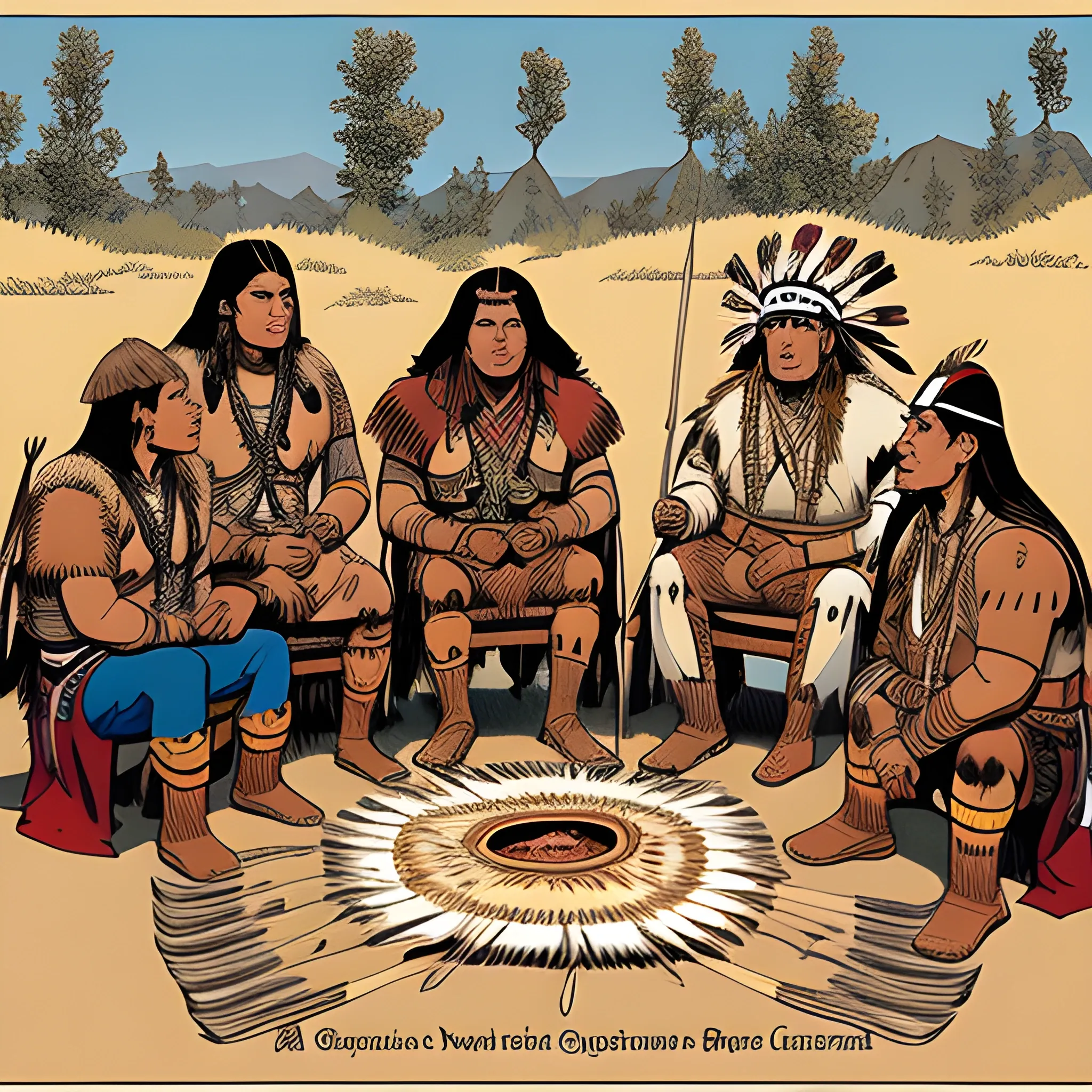 group of four native American chiefs sitting around. a fire talking, one being the tallest Paiute chief with red hair, one Algonquian chief with colonial English armor with indigenous aspects too the armor, one Dakota chief in the middle, and one Inuit chief with viking armor with Inuit aspects, drawn in jean giraud's art style