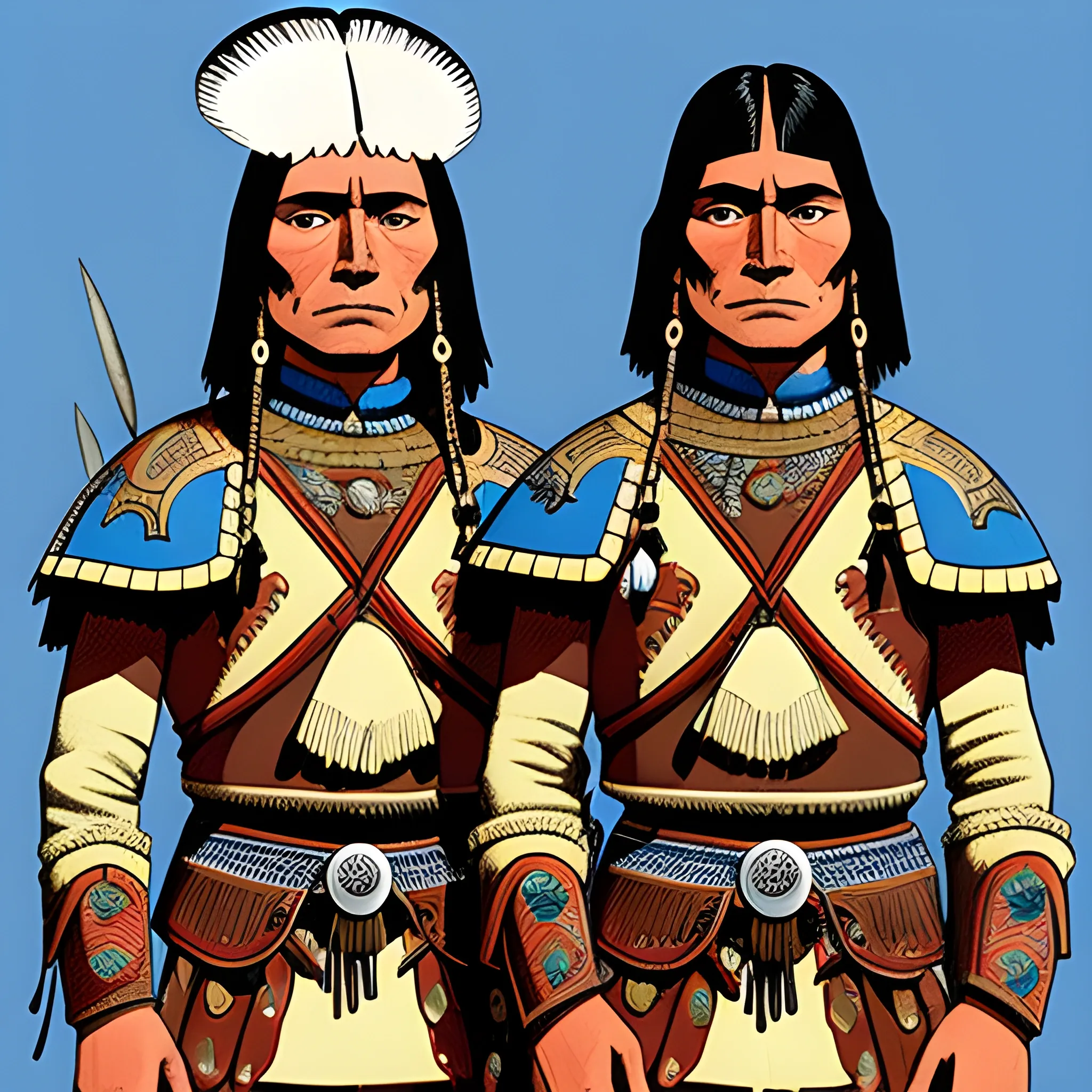 blue eyed native Americans with clonal British armor with Algonquin designs and aspects drawn in jean giraud's art style