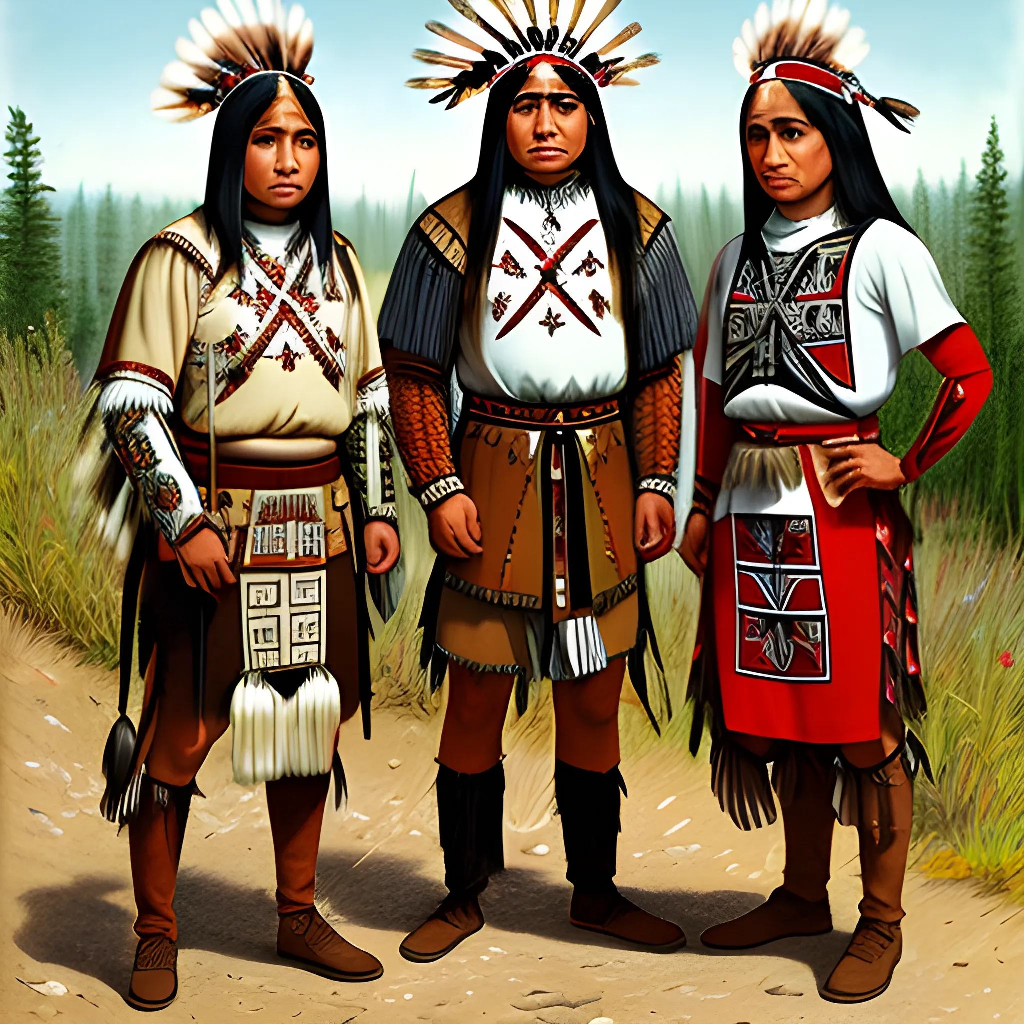 Algonquin Native Americans in British pilgrim armor with indigenous designs and aspects