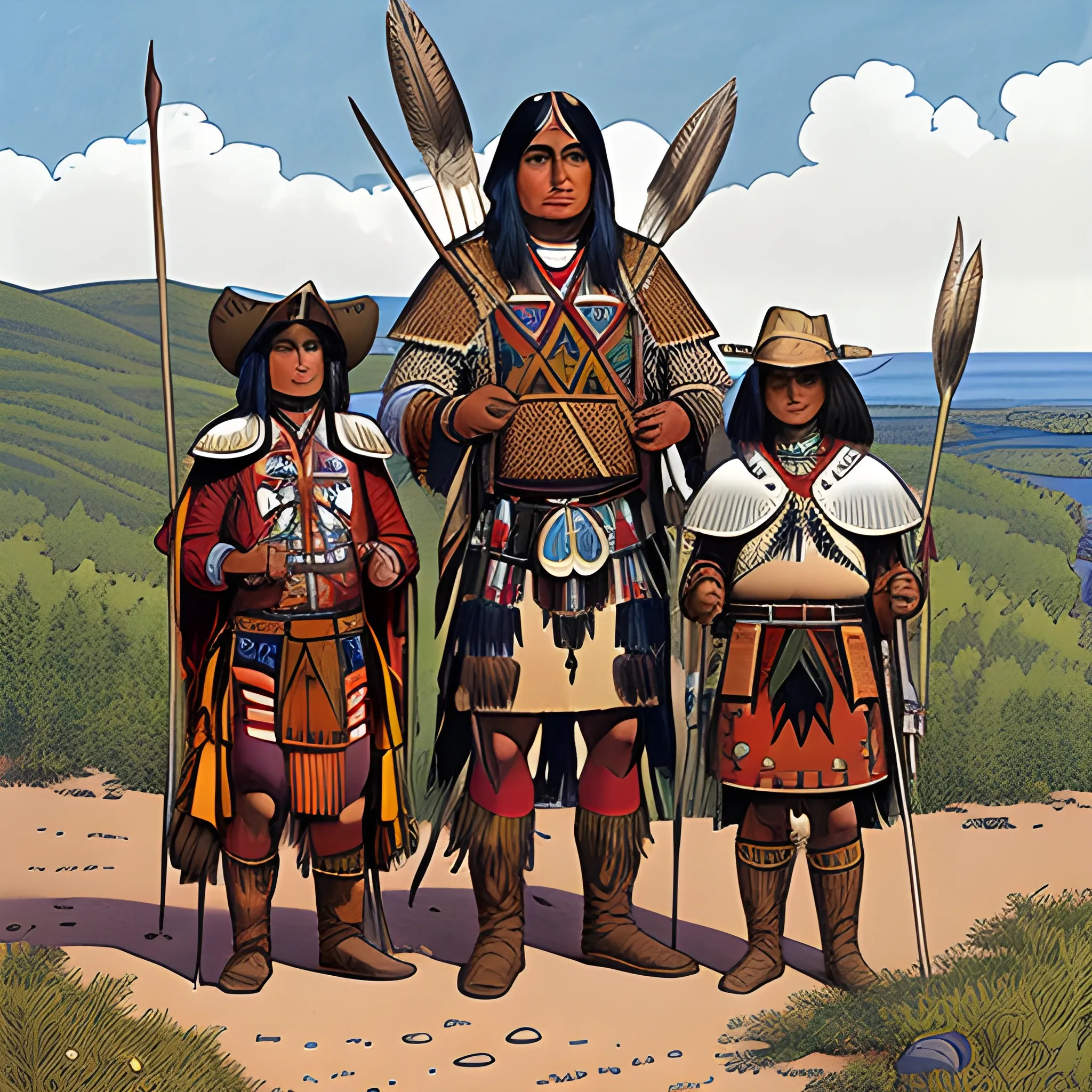 Algonquin Native Americans in British pilgrim armor with indigenous designs and aspects drawn in jean giraud's art style