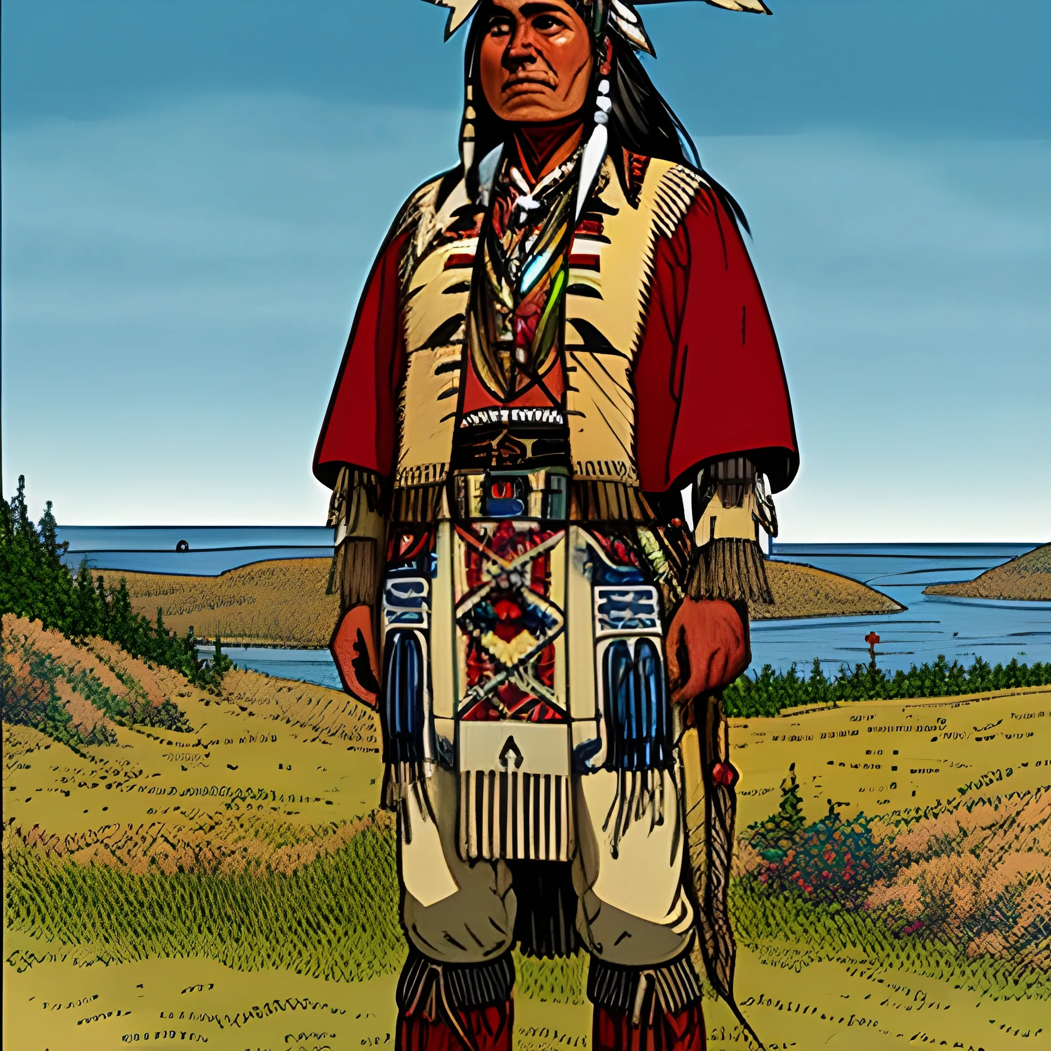 Algonquin, Croatian, native american with colonial British clothing mixed with indigenous aspects in the design, drawn in jean giraud's art style