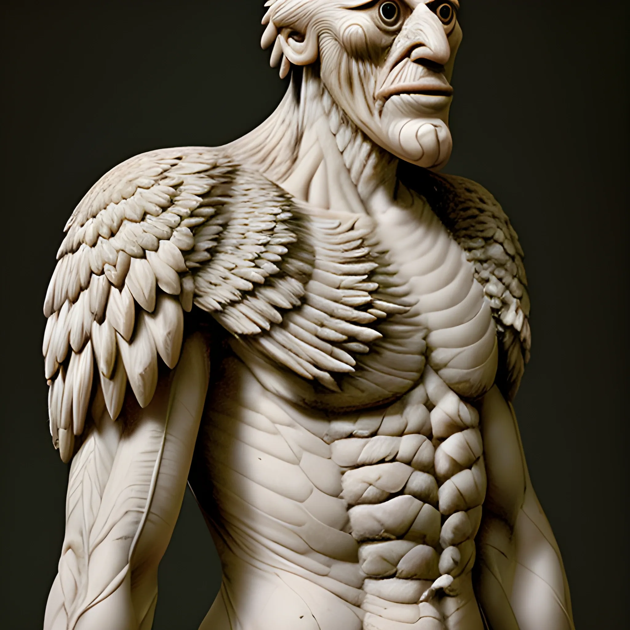 a grotesque eagle made of muscle tissue on the shoulder of a man