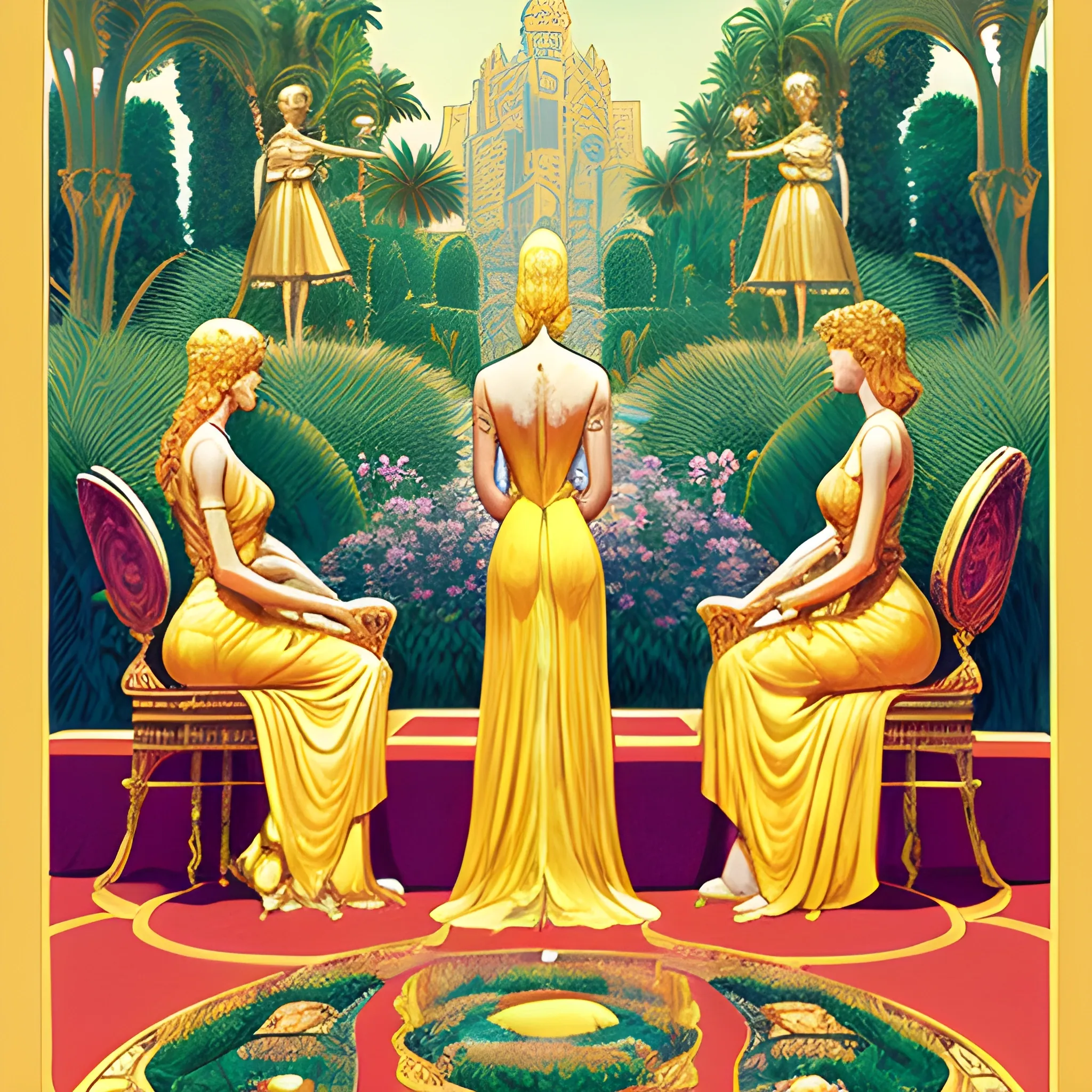 four one lookers, backs turned, looking up at a giant woman dress in a roman-greco design, gold colors, jewelry, sitting on a throne, garden of eden setting, drawn in jean giraud's art style