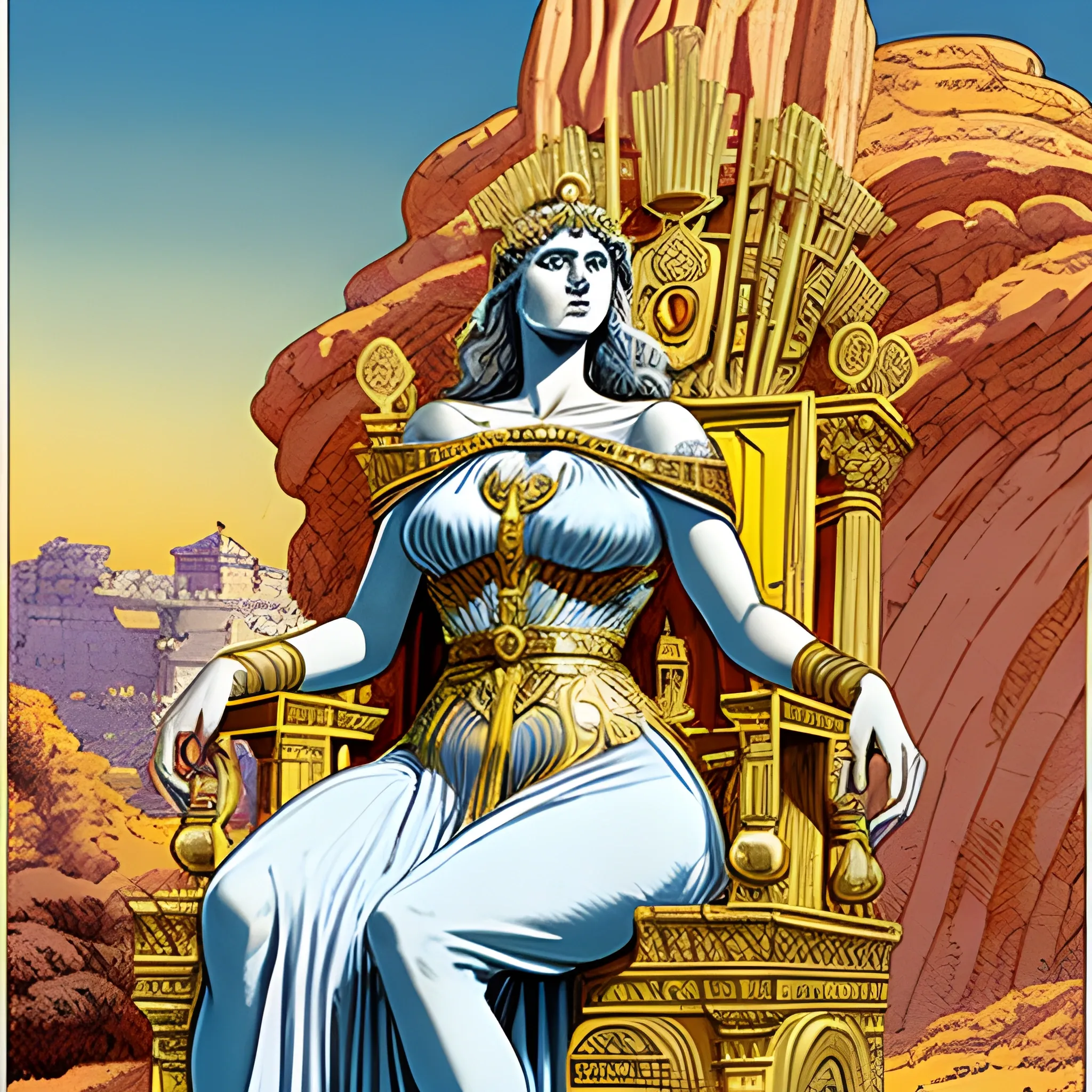 a giant woman dress in a roman-greco design, gold and silver colors, jewelry, sitting on a throne, garden of eden setting, looking downward, drawn in jean giraud's art style