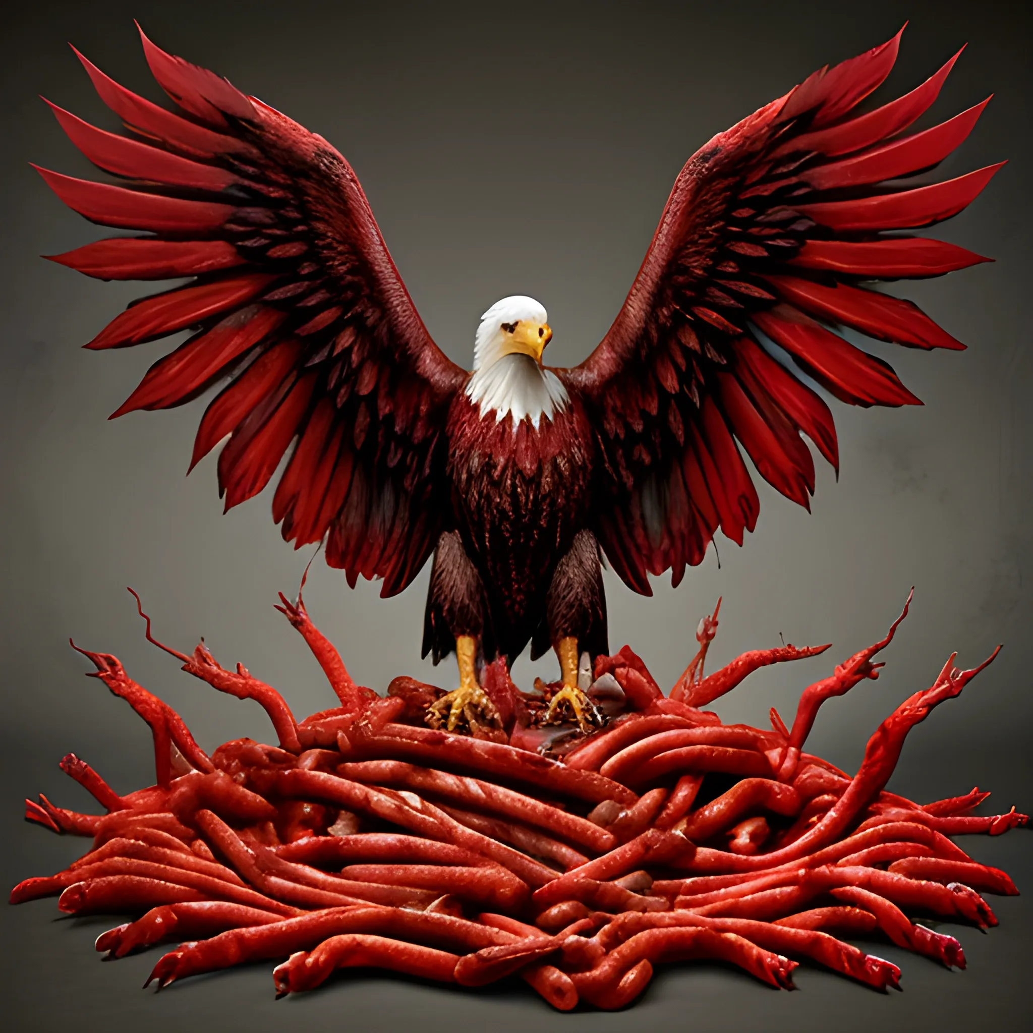 an creature made of meat and bones resembling an eagle, dripping a red liquid, open wings, hollow eyes