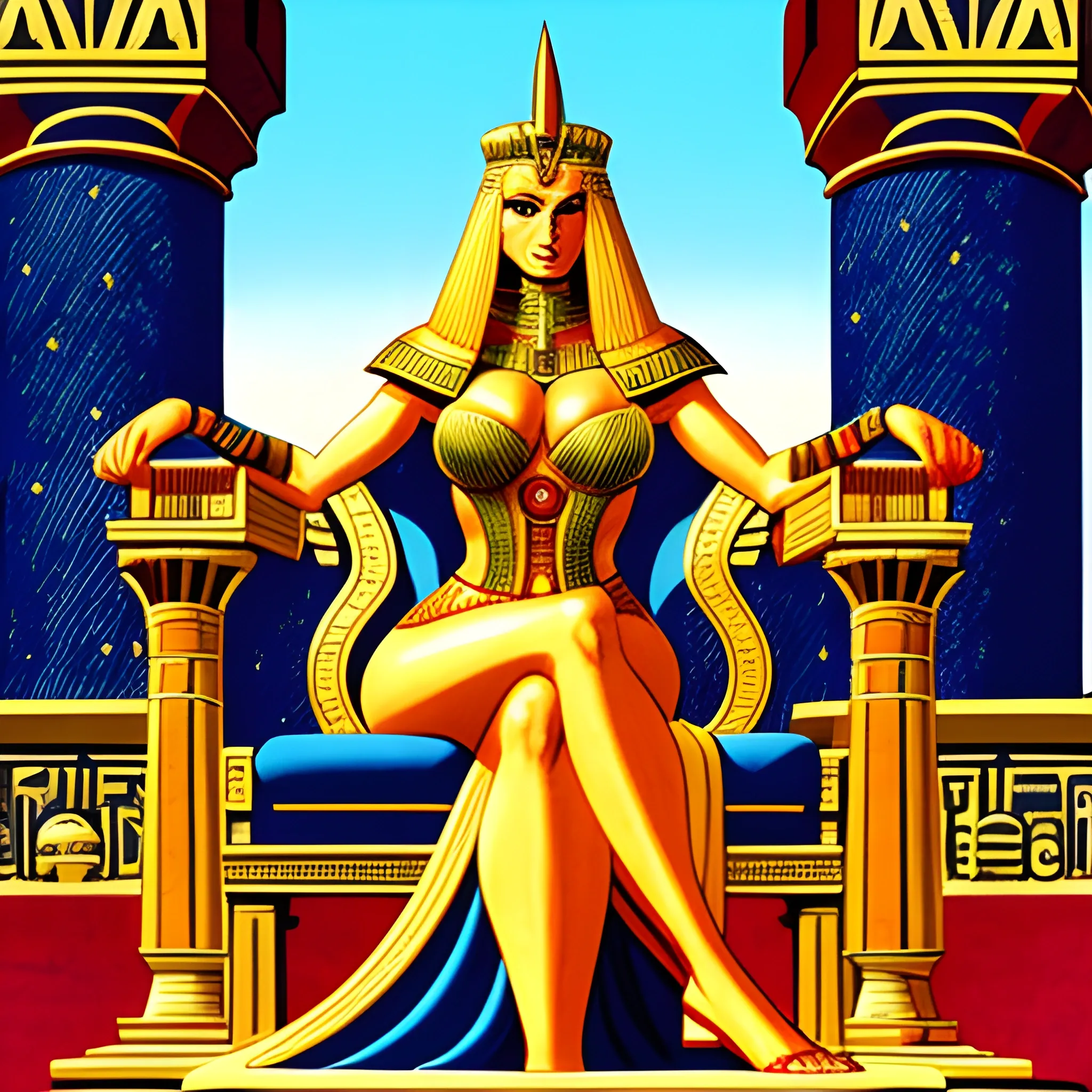 giant, blonde haired, woman, sitting on a greco roman throne, dressed in Babylonian mixed with Egyptian clothing, slightly revealing, drawn in jean giraud's art style