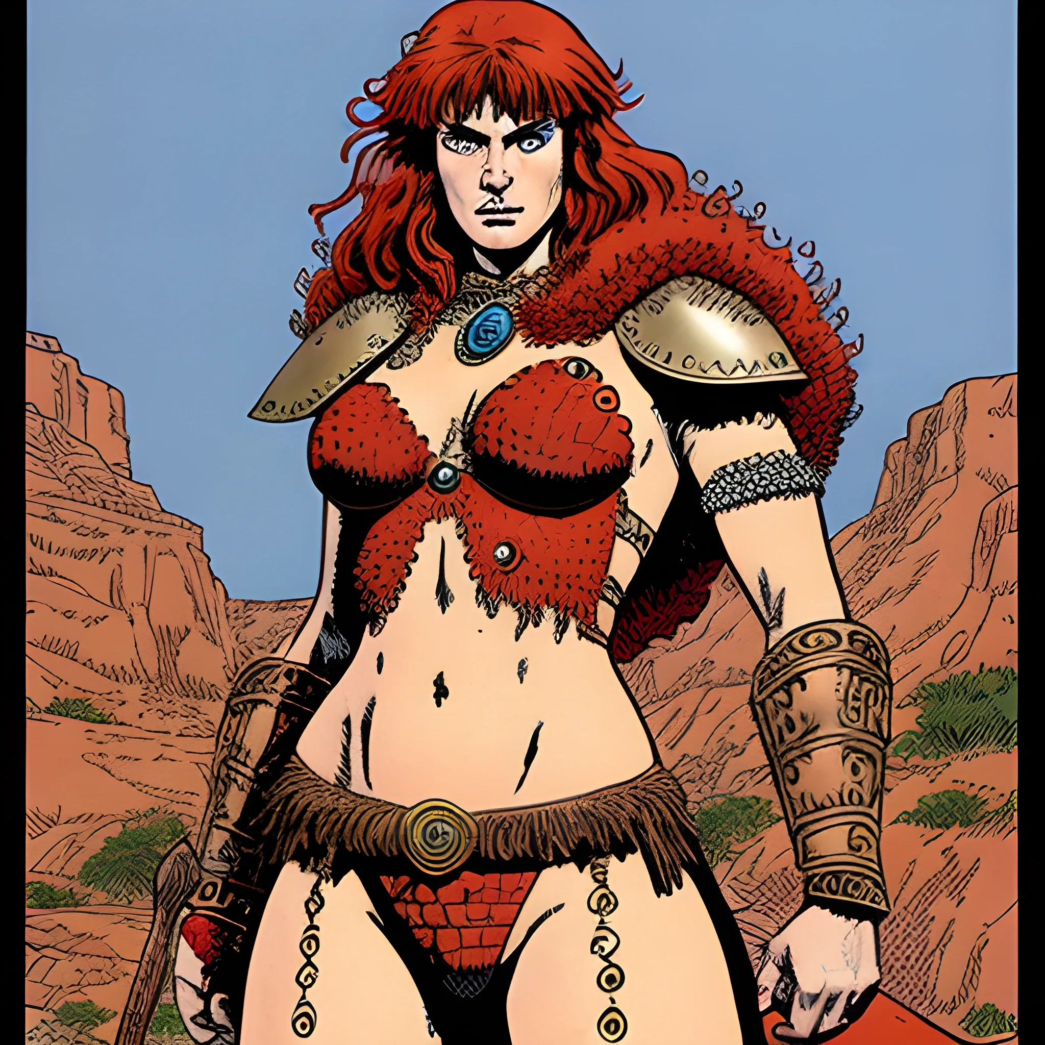 giant, female warrior, dressed like. red Sonja with aspects oof roman-greco design, drawn in jean giraud's art style