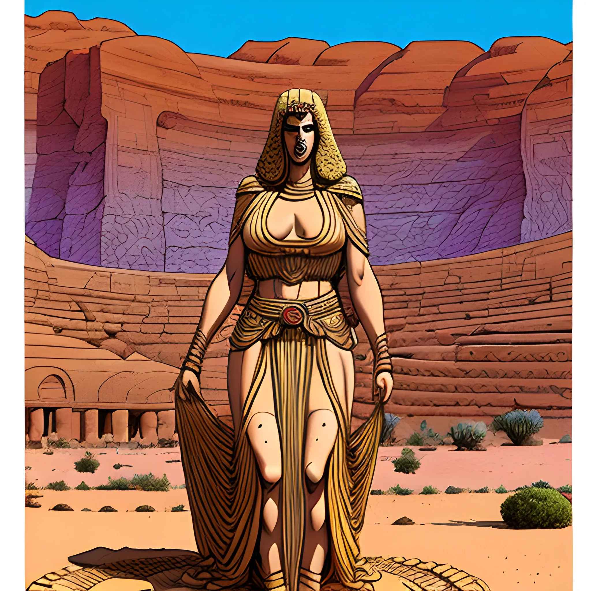 giant female Titan, in greek clothing, creating an oasis fr people in the desert, drawn in jean giraud's art style