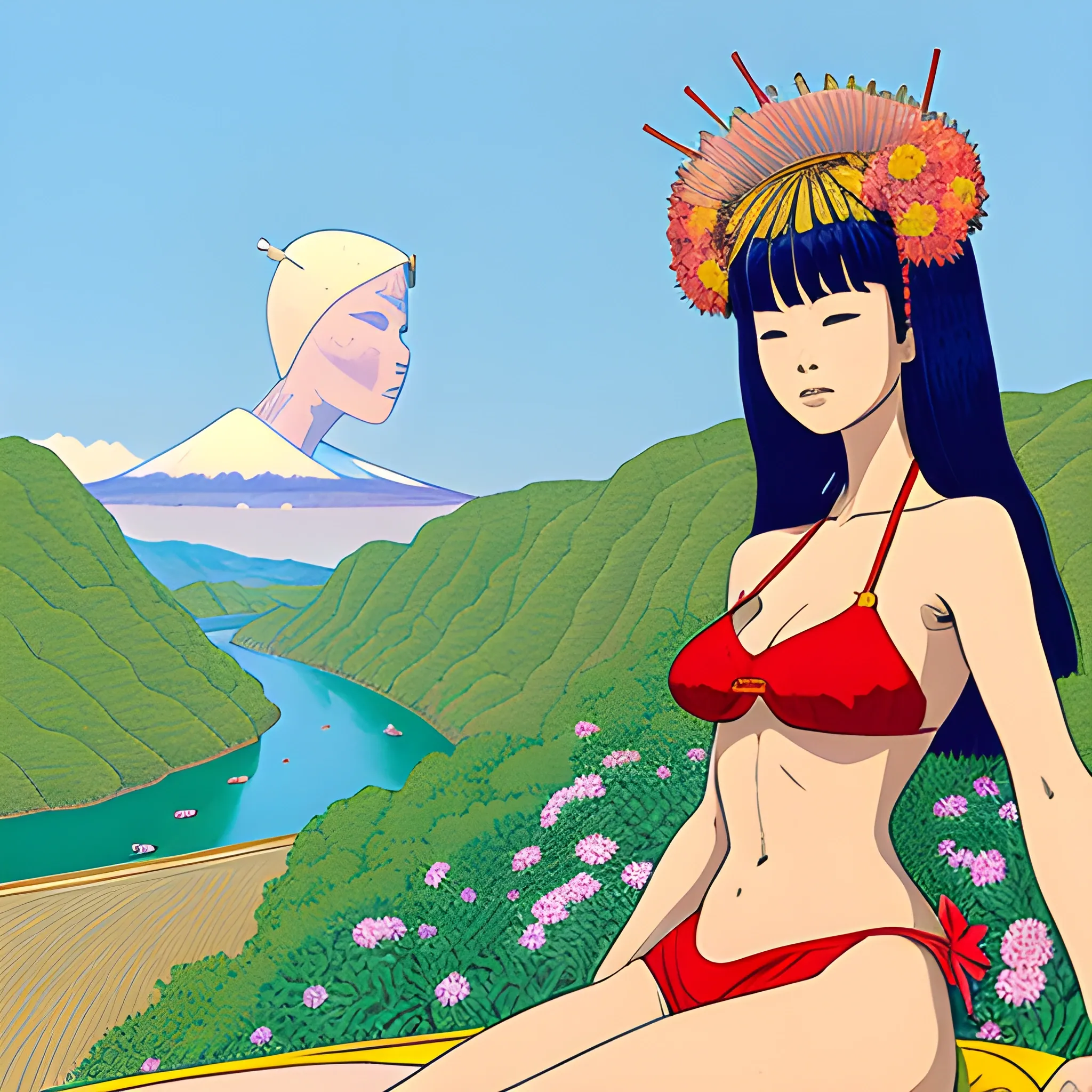 giant Japanese female, dressed in a bikini like dress, with a flower headdress, resting on hills looking at boats passing through the river below her, drawn in jean giraud's art style 