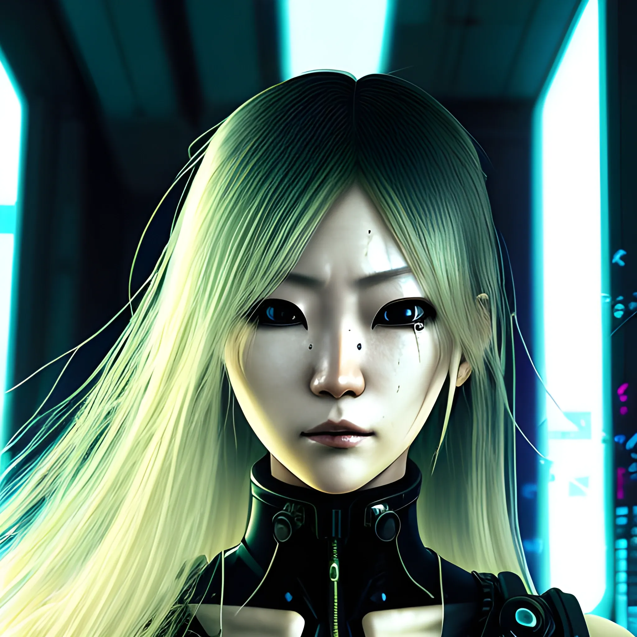 A blonde Japanese woman with long cyberpunk hair looks into the frame, a black tear flows from her right eye