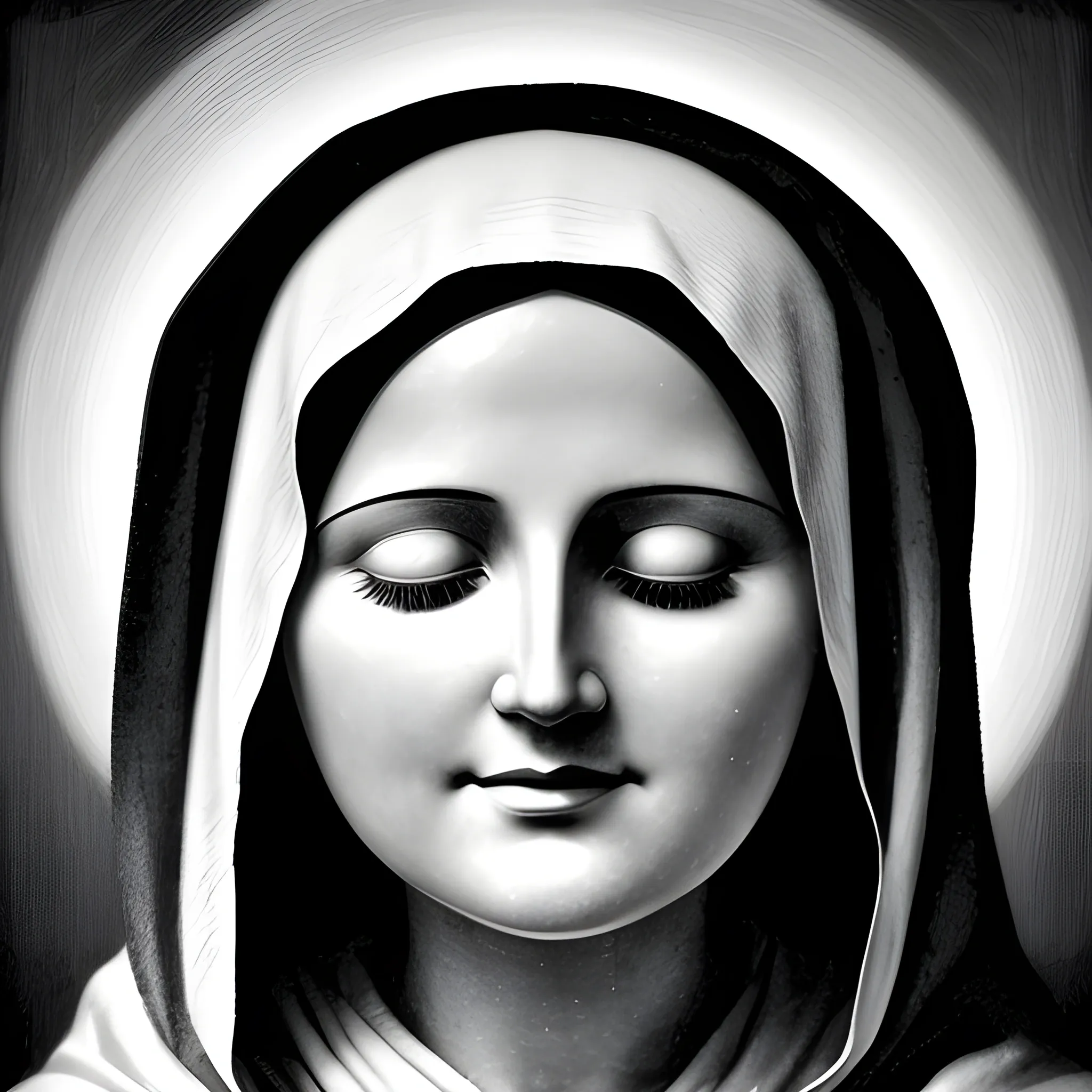 Serene Mother Mary bright face in black and white